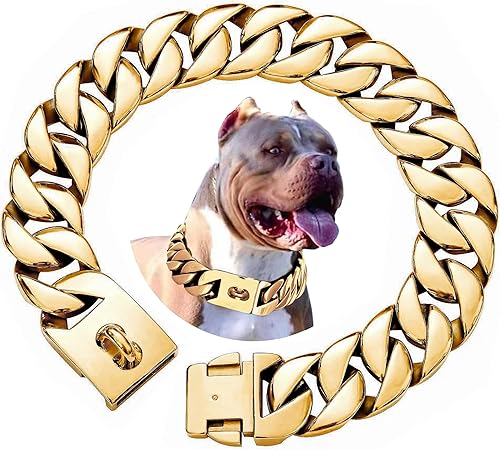 txprodogchains Collar de eslabones cubanos de 1.260 in de grosor, collar de metal resistente con hebilla, acero inoxidable sólido dorado para perros