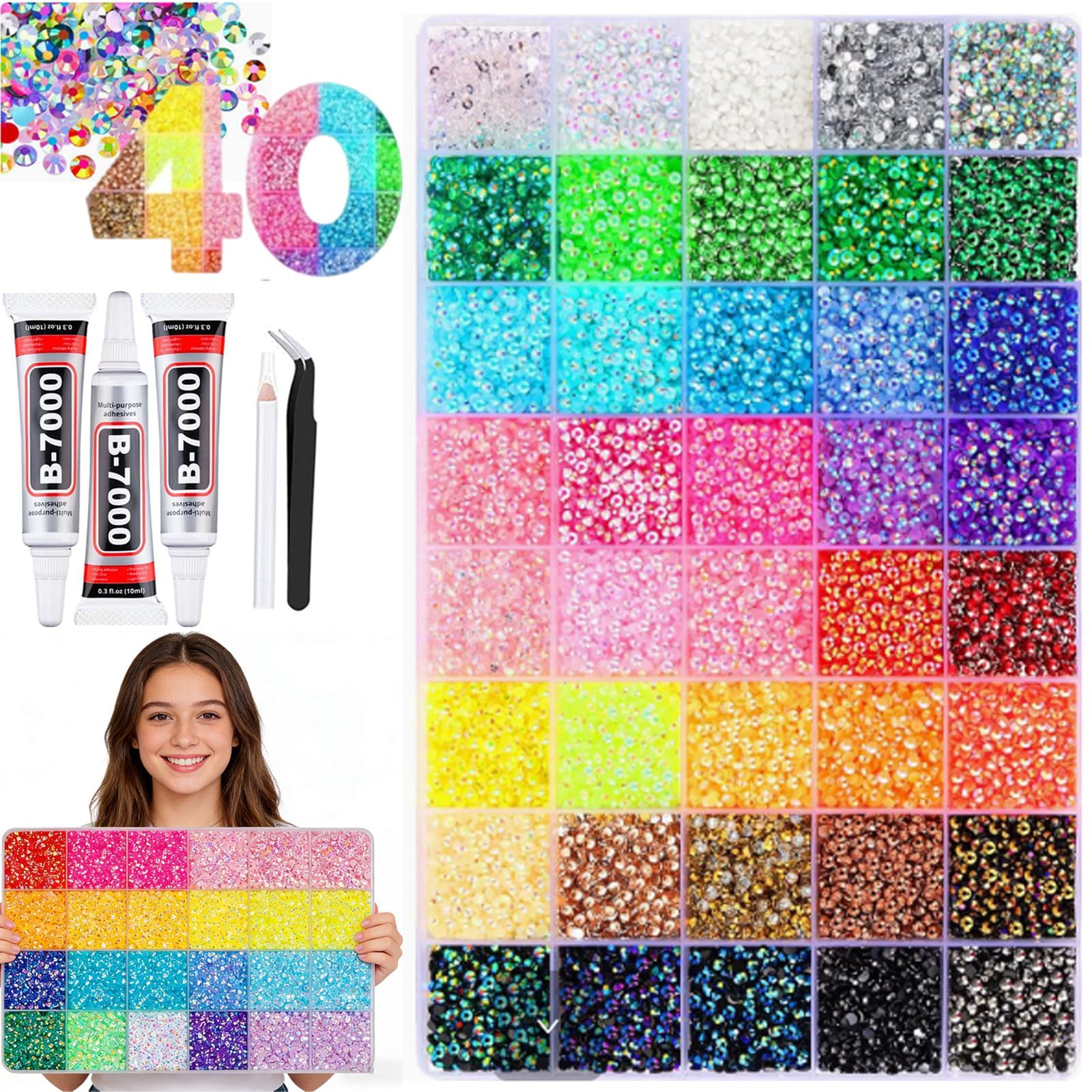 Kit deslumbrante con pegamento, 32000 diamantes de imitación con parte trasera plana para manualidades, juego de gemas de uñas de resina de 40 colores con bolígrafo de recogida, pinzas, kit de inicio