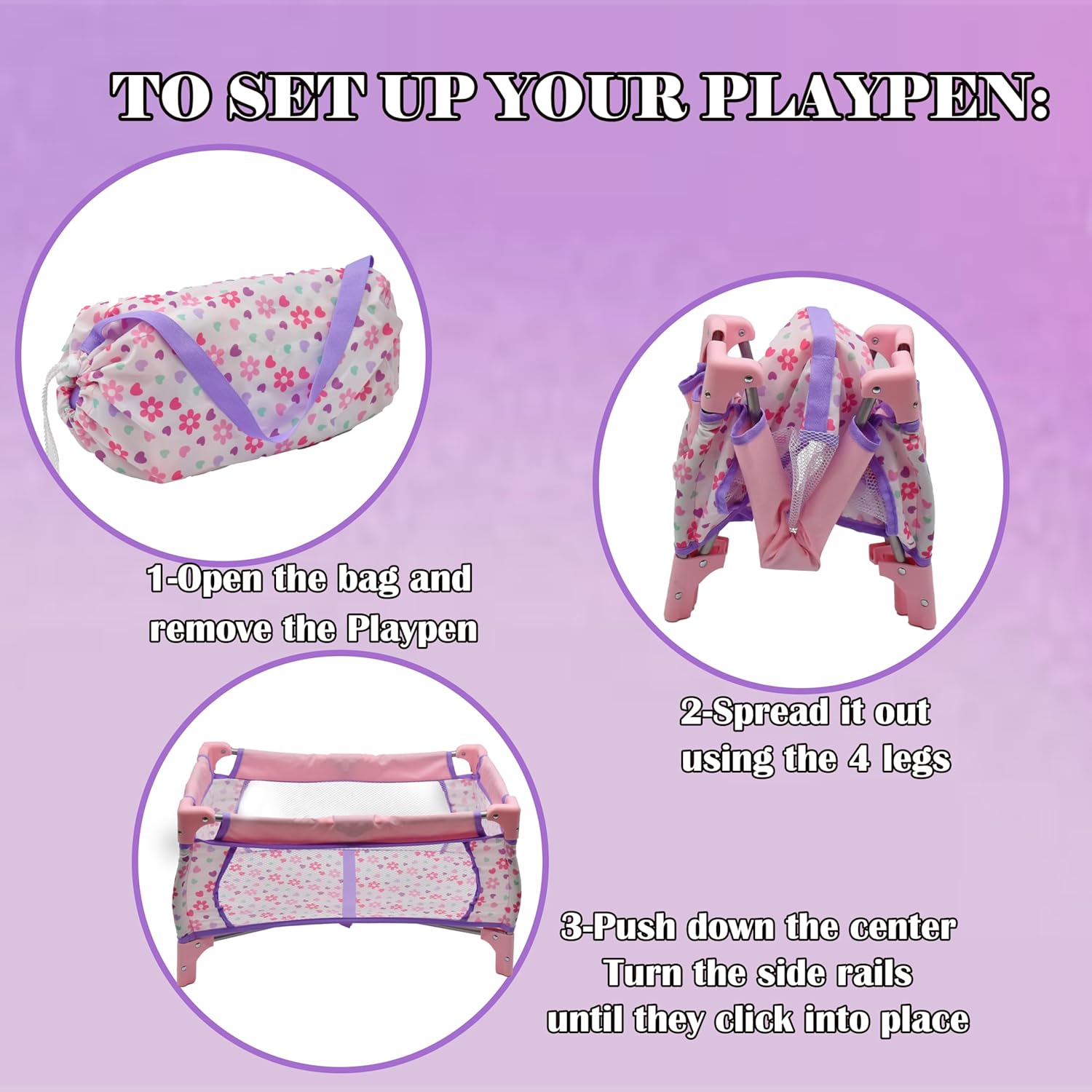 Baby Doll Nursery Playset Bed Carrier High Chair and Seat, Baby Doll Accessories Set Playpen Storage Bag Role Play Deluxe Doll Purple Set