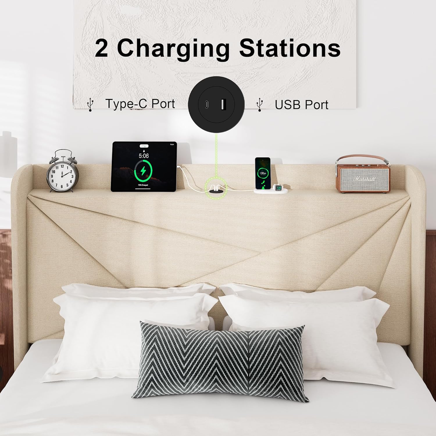 Feonase Queen Size Bed Frame with Charging Station, Linen Upholstered Platform Bed Frame with Wingback Storage Headboard, Solid Wood Slats Support, No Box Spring Needed, Noise Free, Beige - Image 3