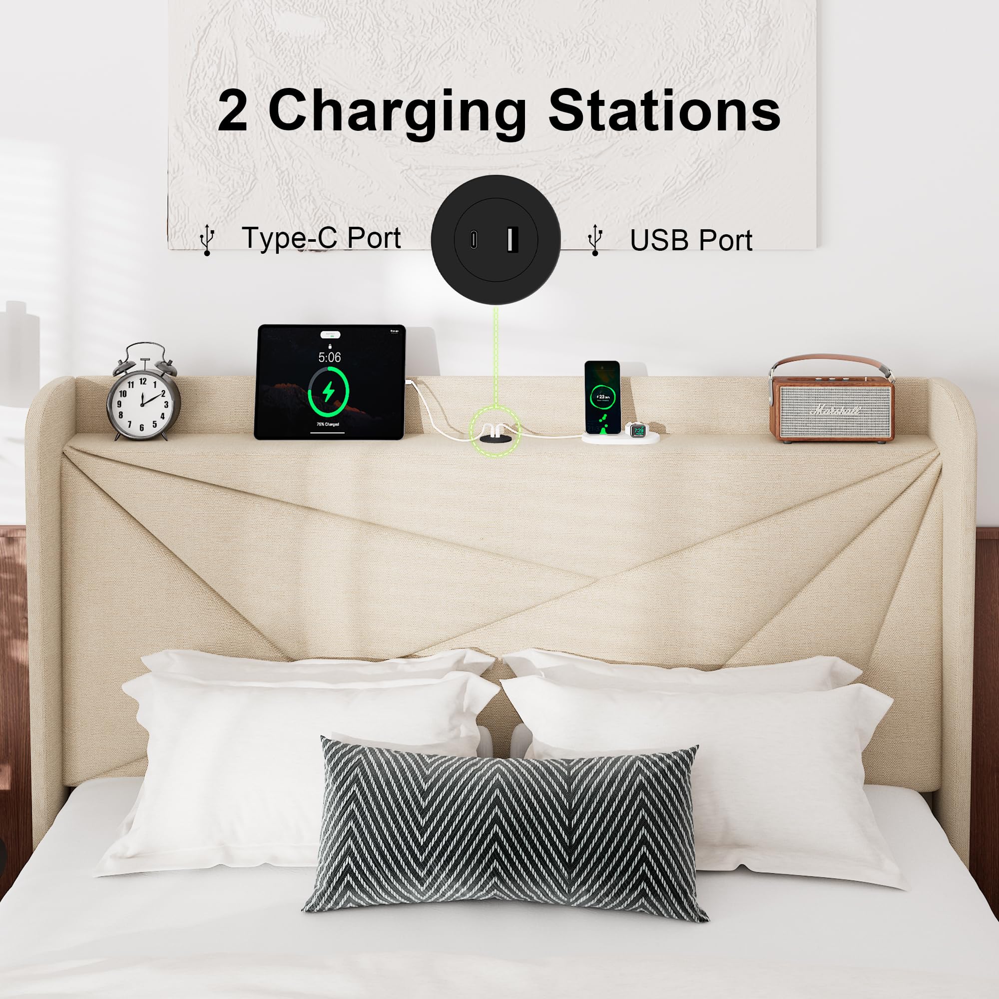 Feonase Queen Size Bed Frame with Charging Station, Linen Upholstered Platform Bed Frame with Wingback Storage Headboard, Solid Wood Slats Support, No Box Spring Needed, Noise Free, Gray: Beige Full