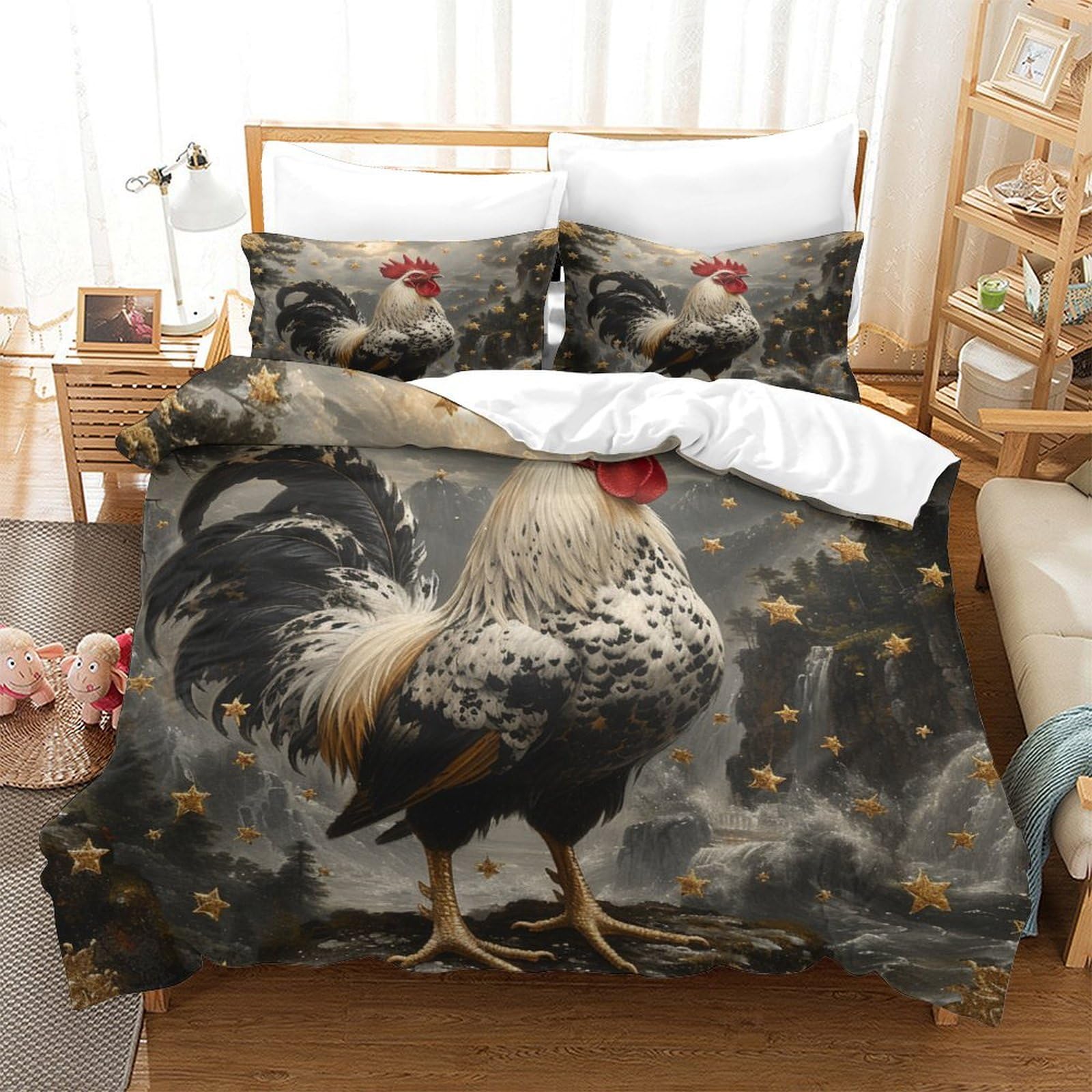 P1s9u7w5y Gallic Rooster-9 3D Printed Rustic Rooster Duvet Cover Set 3Pcs Microfiber Animal Bedding Set King（220X240cm）