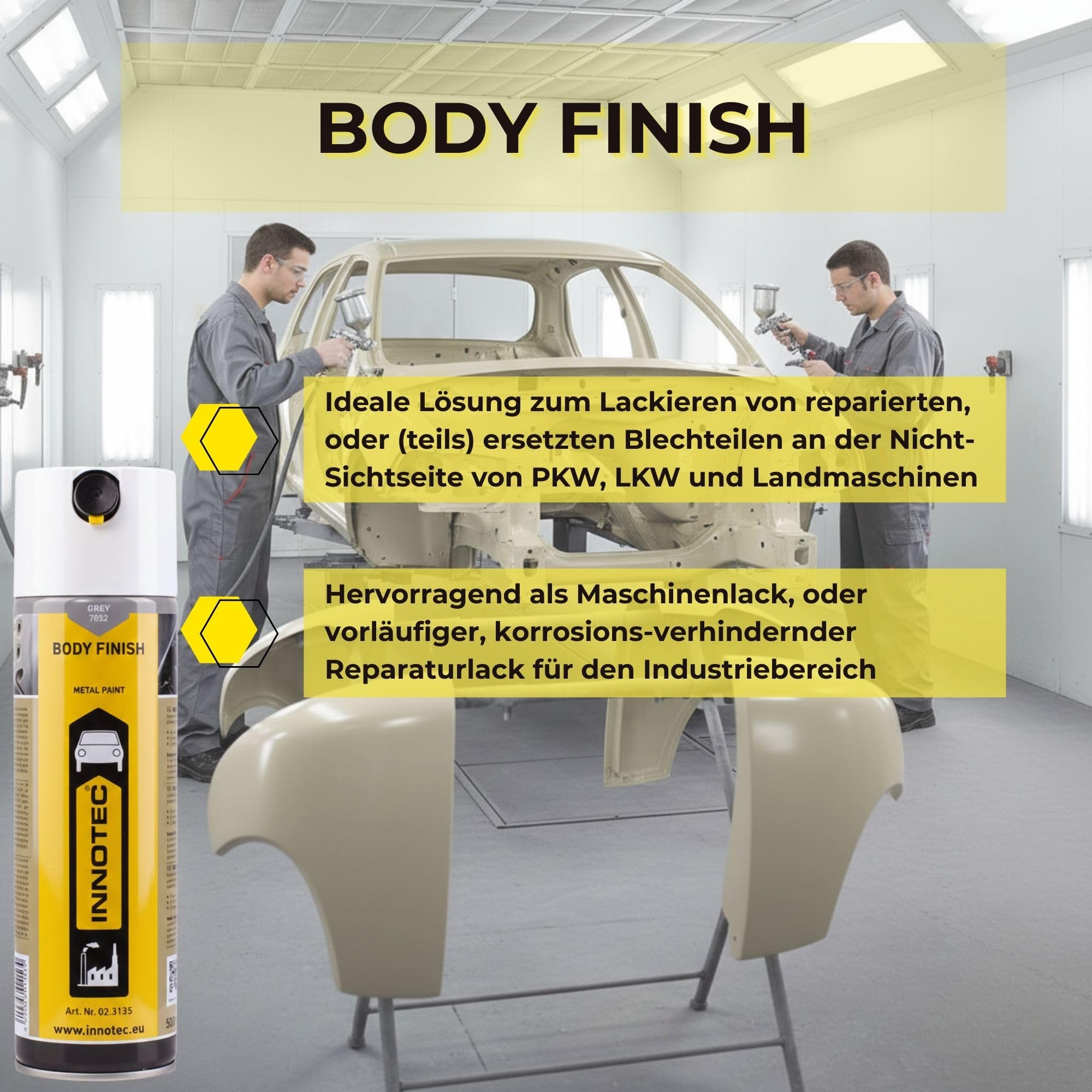 2 Stück INNOTEC Body Finish 500 ml Grau – 1K-Acryl-Premium Grundierlack für das Lackieren von reparierten oder ersetzten Blechteilen an PKW, LKW & Maschinen – korrosionsschützender Reparaturlack