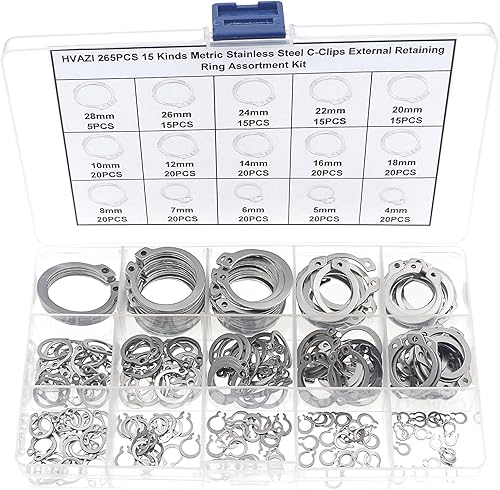 Kit surtido de anillos de retención externos con clips en C de acero inoxidable 304, 265 piezas