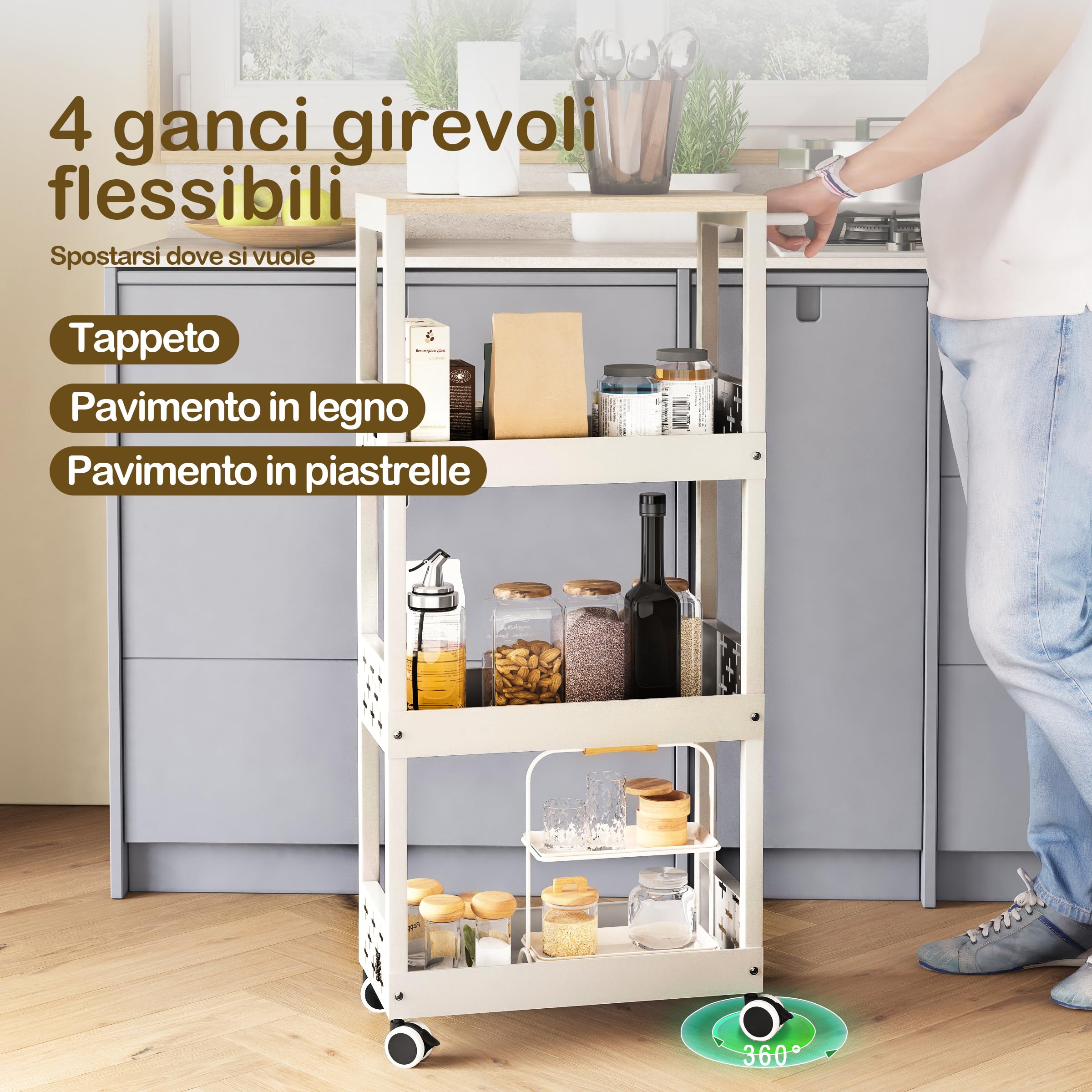 UMDONX Carrello con Ruote Portatutto Stretto a 4 Livelli in Metallo,Nero | Carrello da Cucina con Piano di Lavoro,Ripiano a Nicchia su Rotelle per Piccoli Ambienti,Soggiorno,Studio,Bagno
