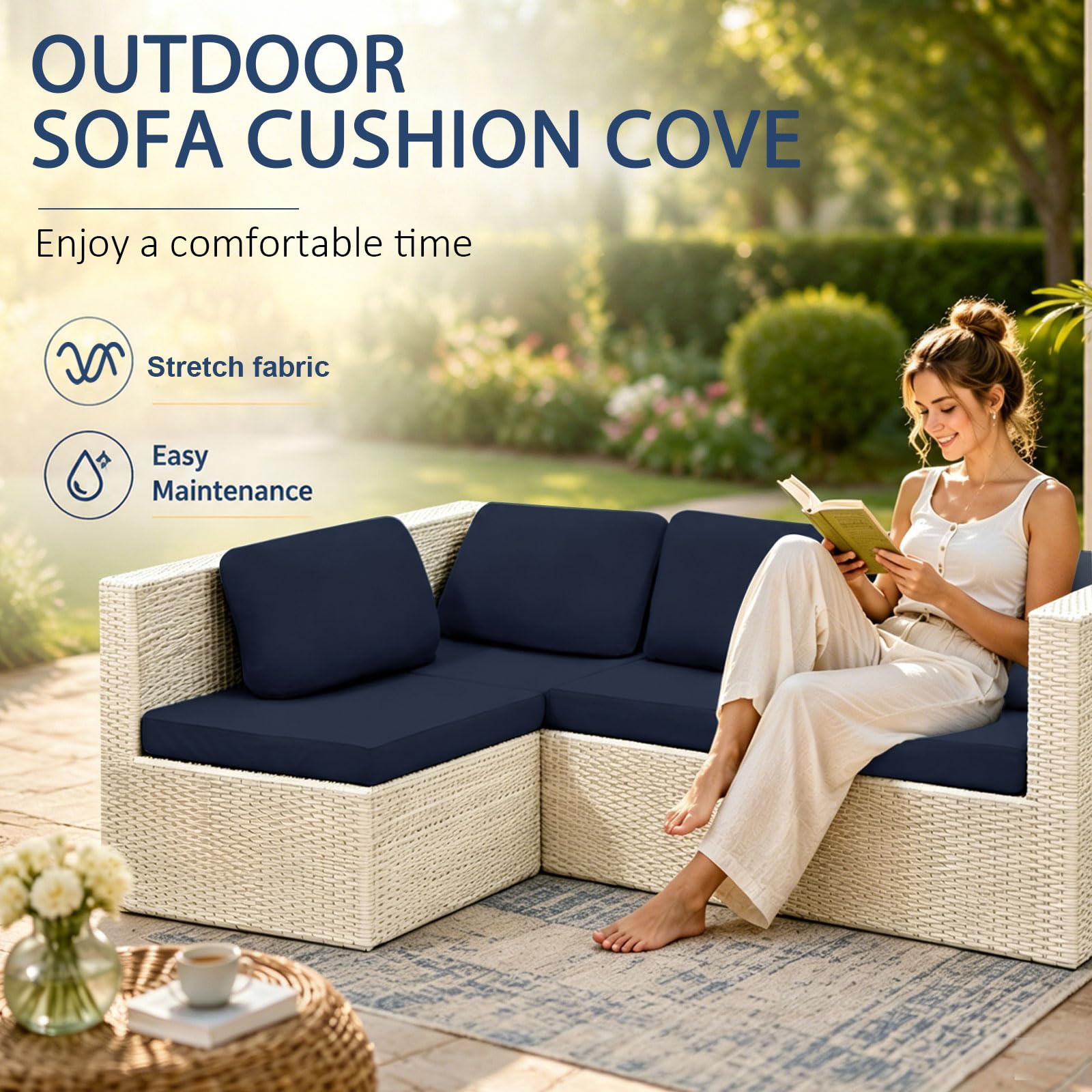 MeYuxg Set di 8 federe per cuscini da patio, per esterni, elasticizzate, rimovibili, per divano a forma di L, sedie da terrazza, mobili da giardino (blu scuro)