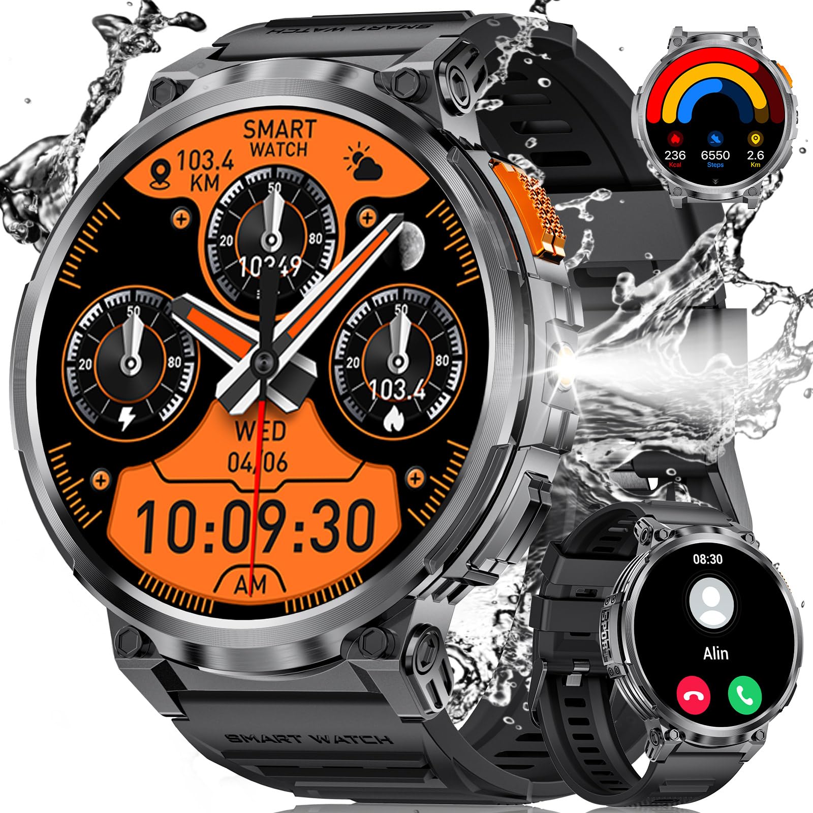 ESFOE 2025 Orologio Smartwatch Uomo con Torcia LED,1,85''Militari Smart Watch,730 mAh Batteria Extra-Grande,IP68 Impermeabile Fitness Tracker 120+ Modalità Sport con Contapassi AI Vocale Notifiche