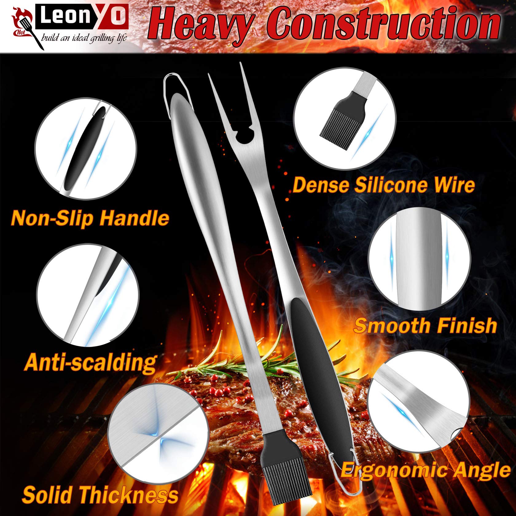 Leonyo XHY02 - Set di 6 utensili per barbecue, colore: Nero