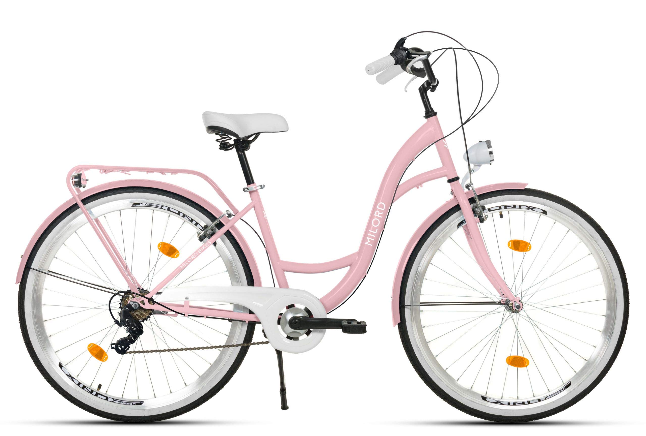 MILORD. 28 Zoll 7-Gang Rosa Komfort Fahrrad mit Rückenträger, Hollandrad, Damenfahrrad, Citybike, Cityrad, Retro, Vintage Sport & Freizeit