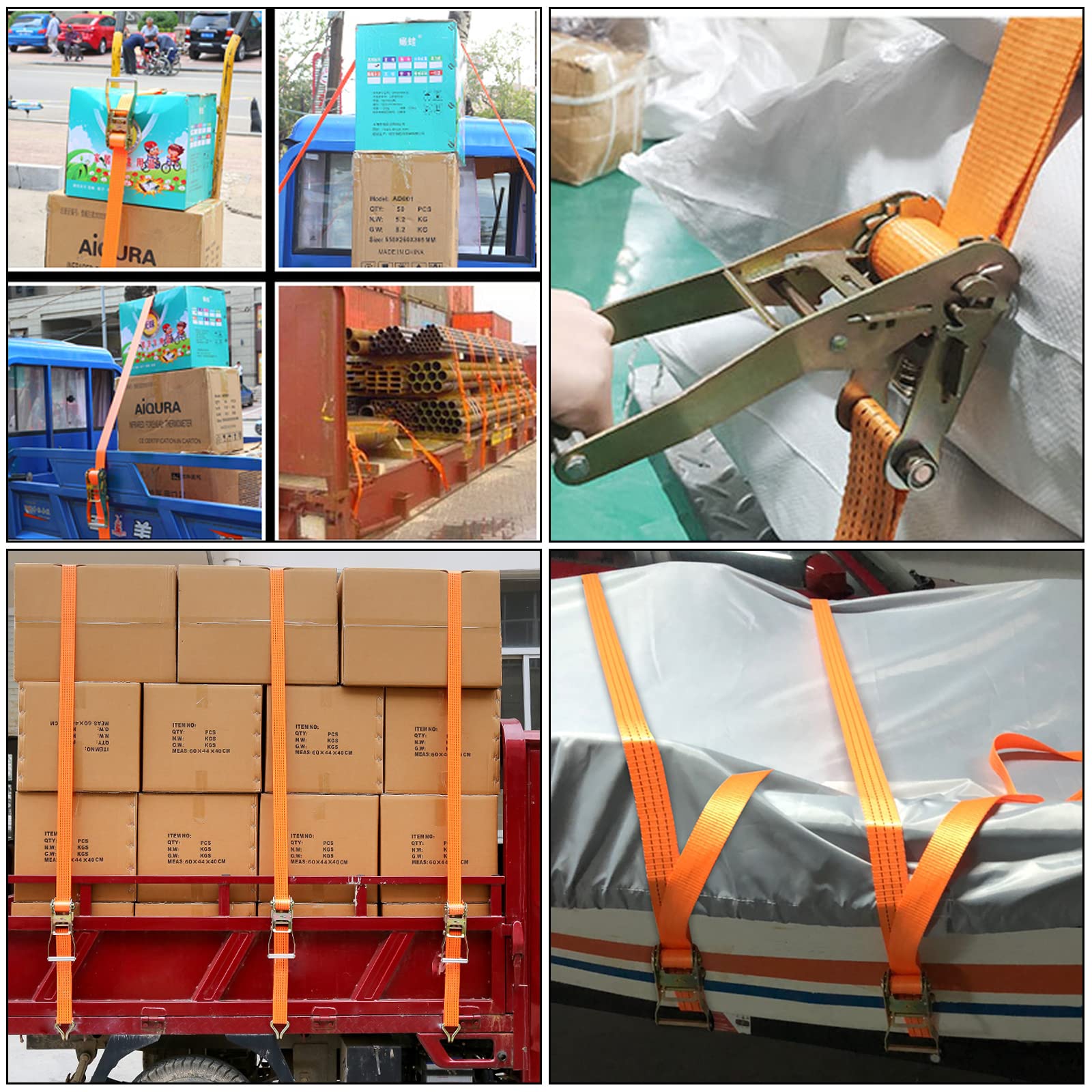 4 Jeux de 3000 KG Sangle d'arrimage à Cliquet, 6M×38MM Sangle a Cliquet avec Crochet en Polyester, Sangles de Serrage avec Tendeur à Cliquet pour Remorque, Moto, Voiture