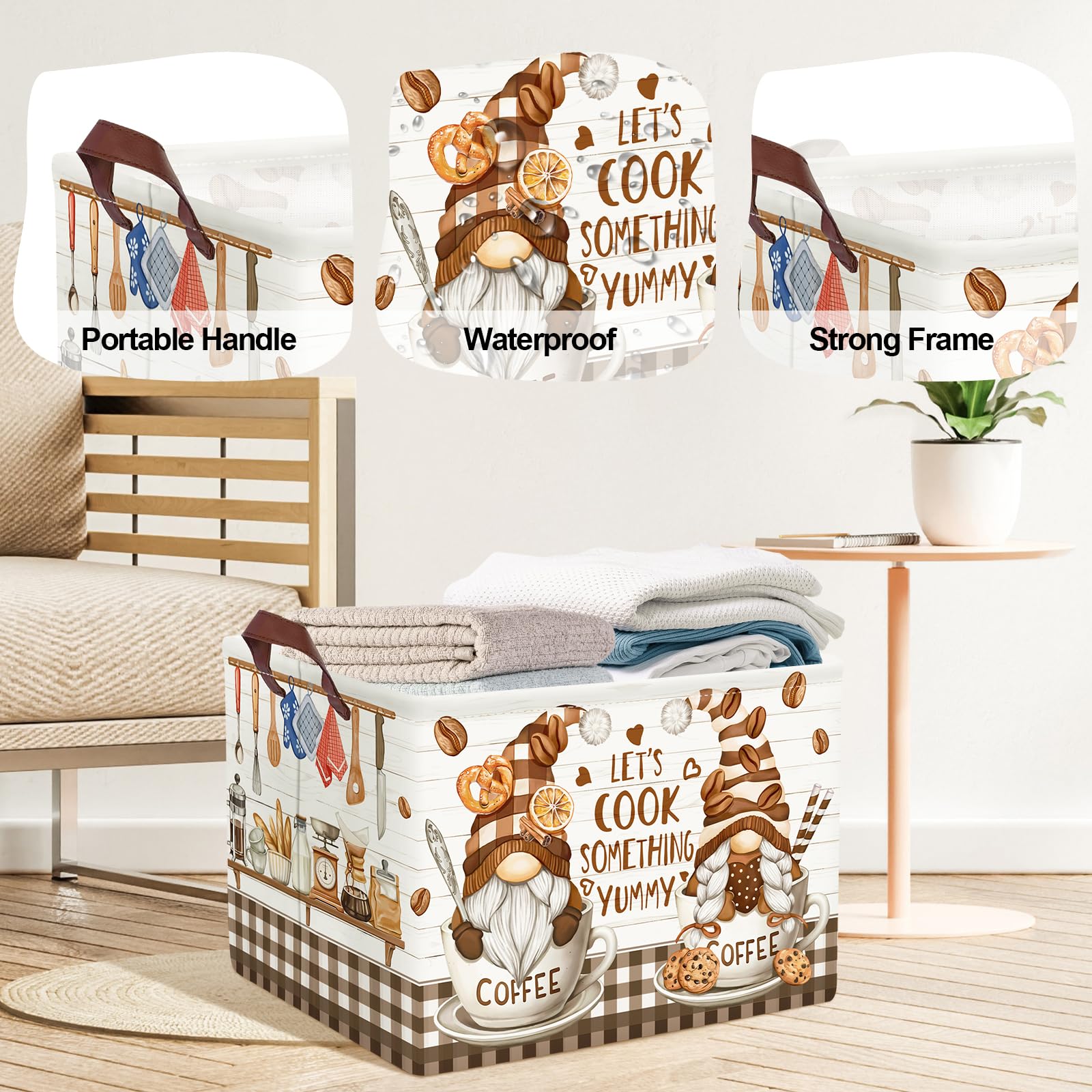 Grand Panier Rangement Décoration Cuisine Outils pour Garçon Fille Repliable Paniers à Linge Jouets Vêtements pour Salle de Bain Chambre à Coucher, Gnome Café, 36L