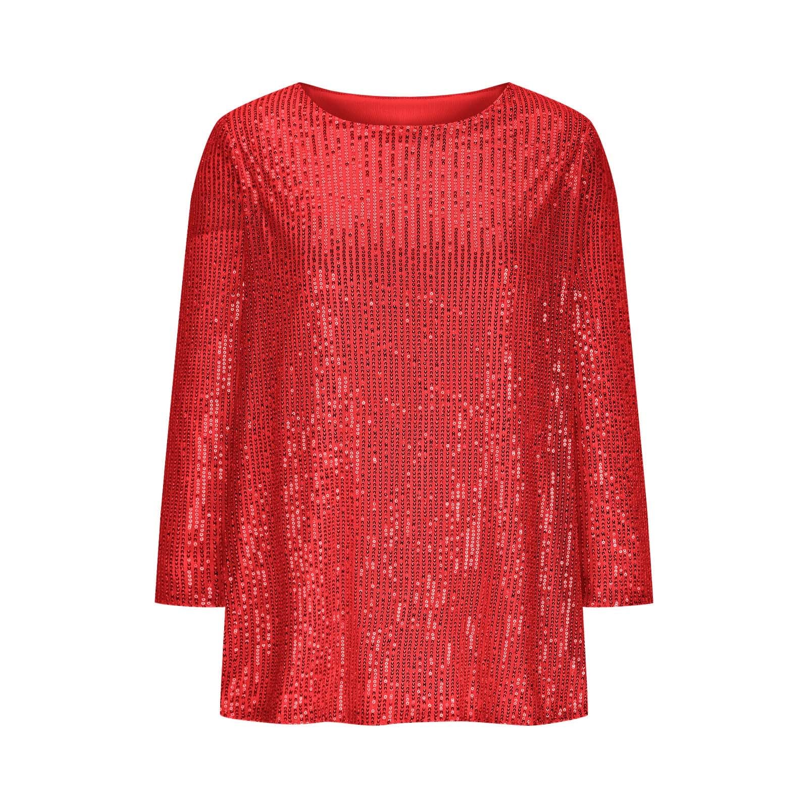 KHIRVWL Top Donna Casual a Stampa Brillante Scollo Tondo Maniche 3/4 Magliette Sparkly Curvy Manica a Campana Sequin Camicia Glitter Nera Capodanno Maglie Brillantini Sera Top Cerimonia Camicette