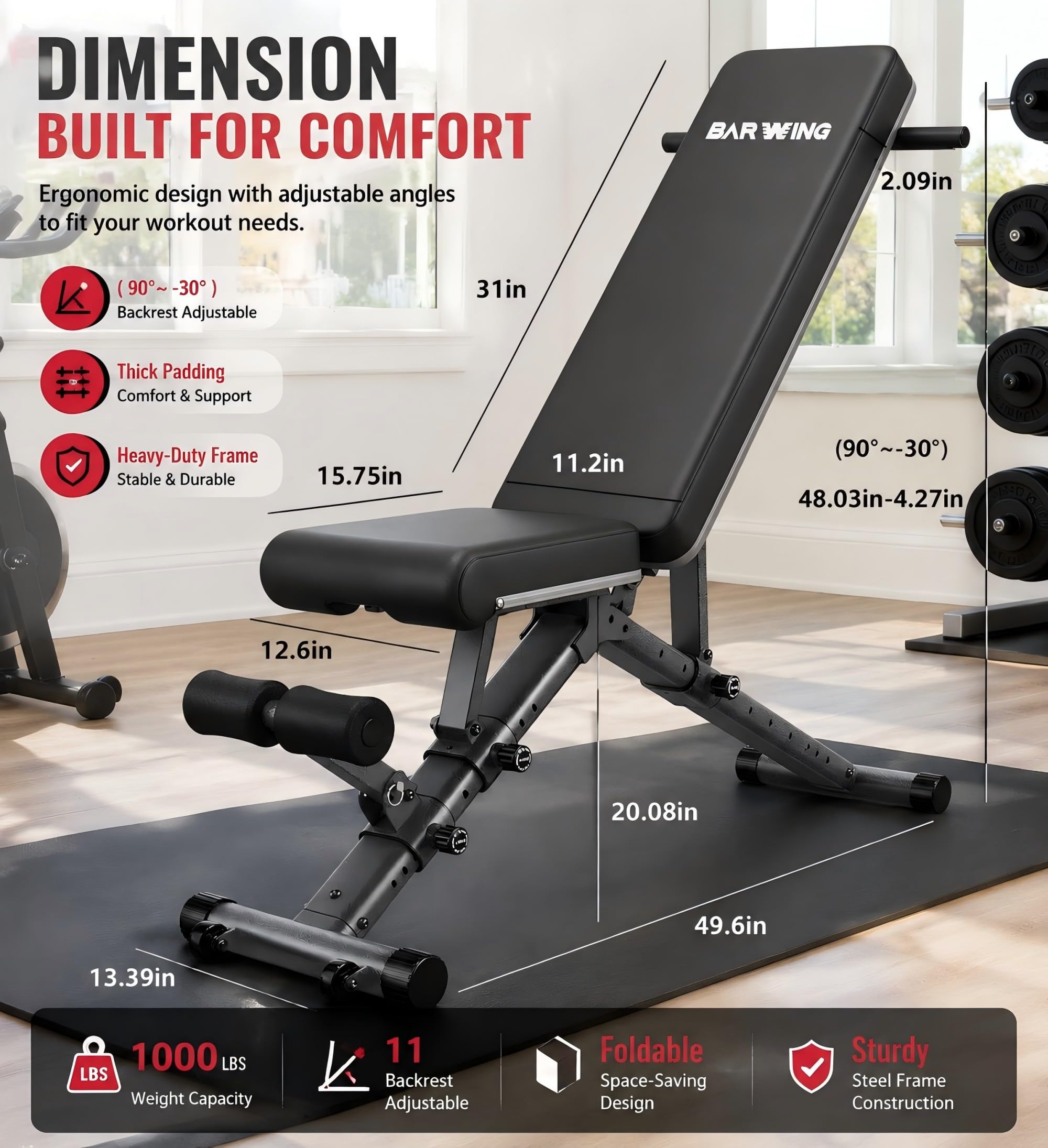 Adjustable Weight Bench Workout Bench, 1000/1300 LBS Heavy Duty Incline Decline Bench for Home Gym, Easy Assembly Foldable Training Lifting Bench