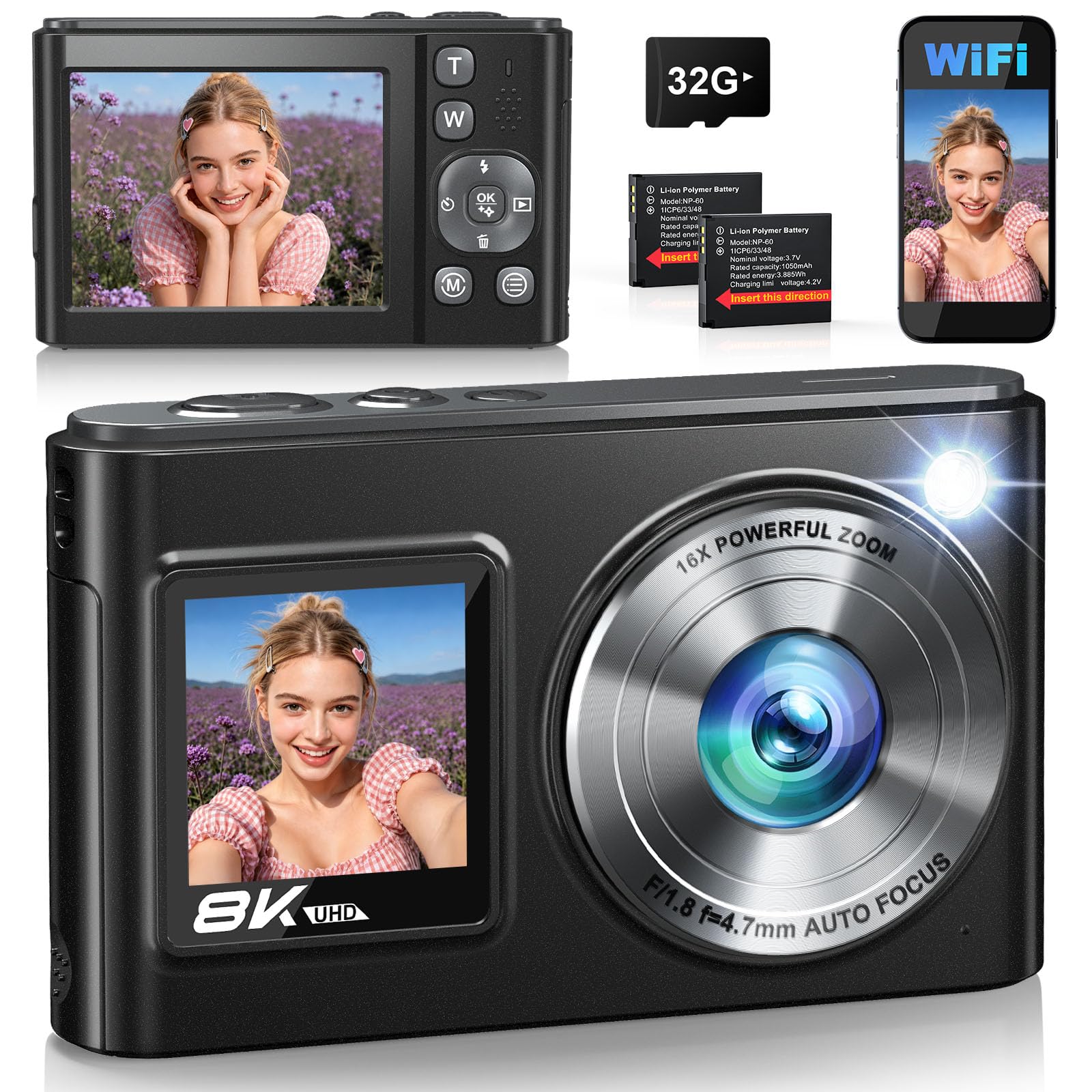 2026 Neueste Digitalkamera 8K 96MP Vlogging Kamera mit WLAN, Dual-Display Autofokus Bildstabilisator Kompaktkamera für Einsteiger, Digitale Kamera mit 32GB SD Karte und 2 Akkus