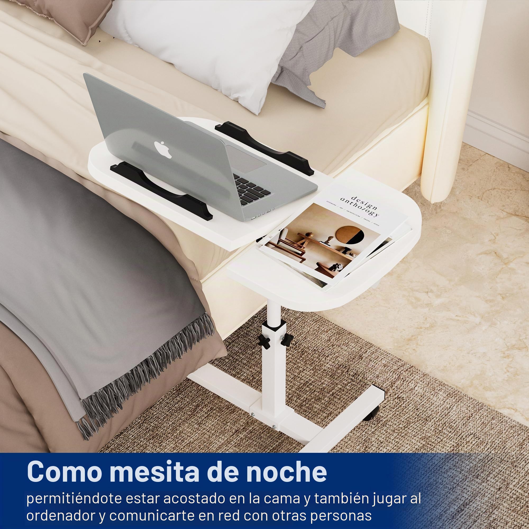 Mesa auxiliar móvil, mesa auxiliar de cuidado ajustable para cama con 4 ruedas, 60 x 40 cm, mesa giratoria para salón, dormitorio, oficina, cama, sofá, máx. 20 kg, color blanco