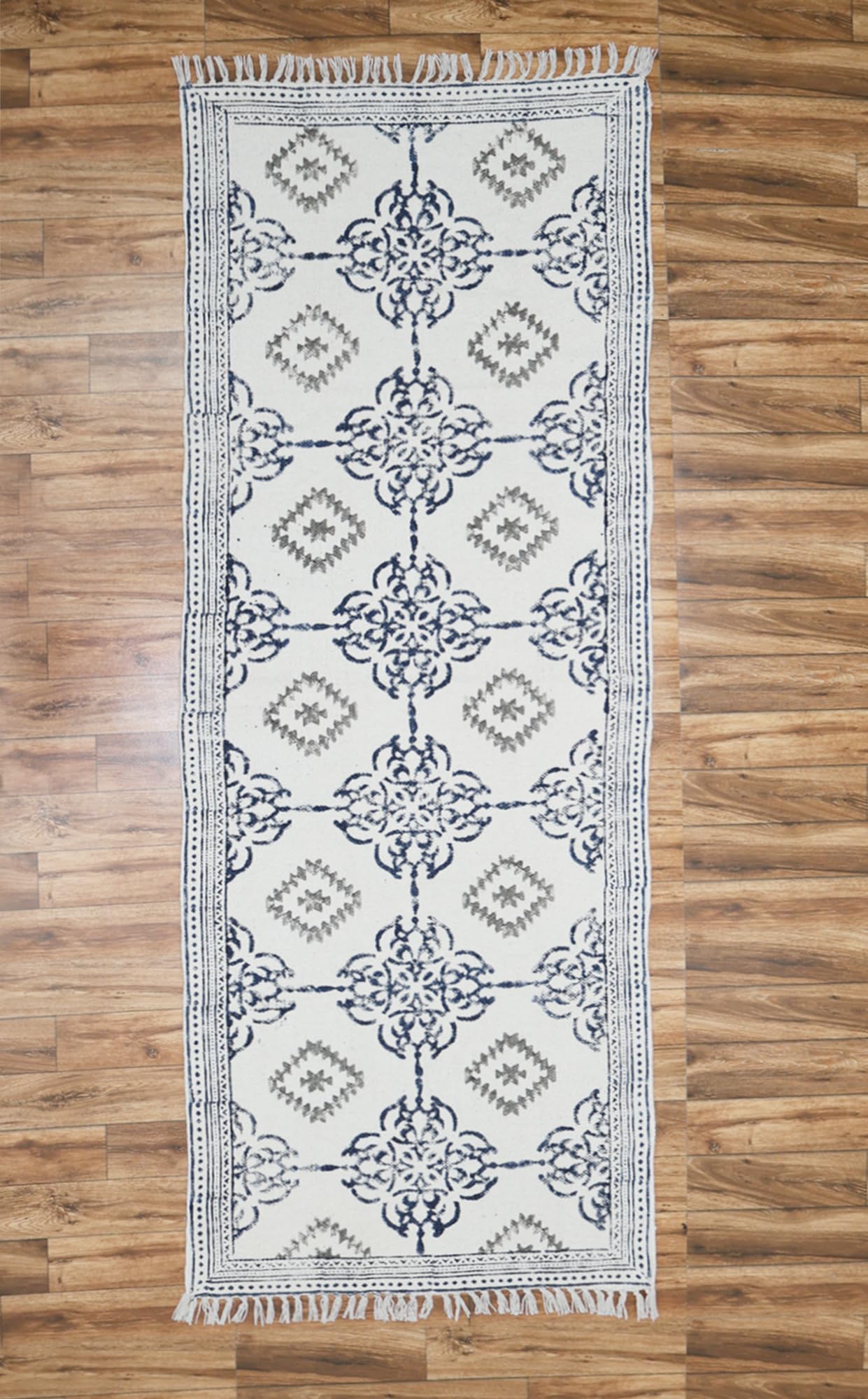 Baumwoll-Läuferteppich, 7,6 x 4,7 m, marineblau und grau, Baumwollteppich für enge Räume, Flur, Küche, Eingangsbereich, Innenbereich, gewebter Eingang, geometrisches Design, handgefertigt, Dhurries