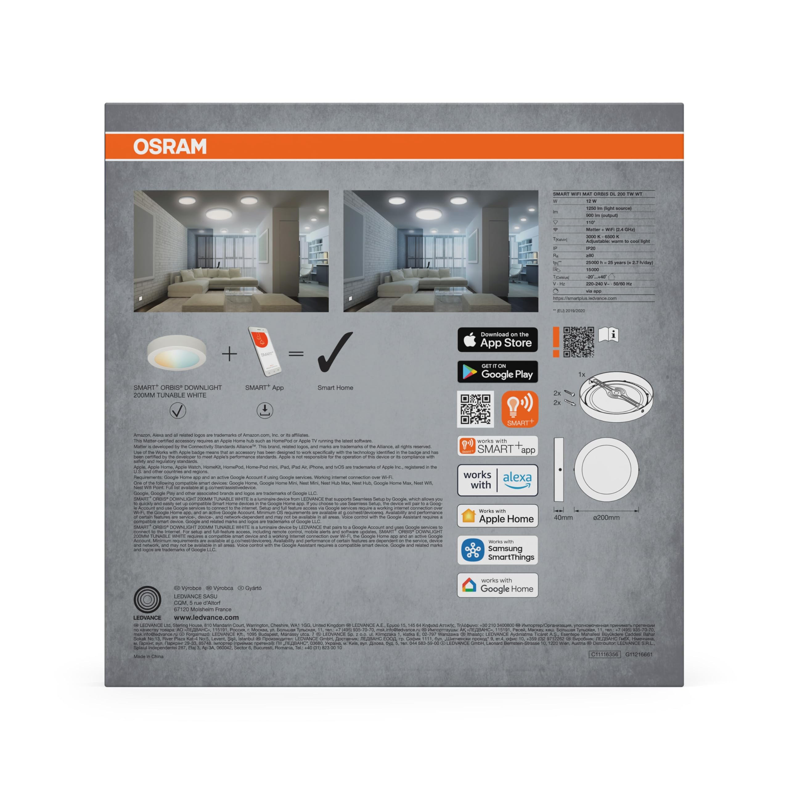 OSRAM Downlight LED SMART+ Matter Orbis, redondo, 200 mm, 12 W, 900 lm, 3000–6500 K, Matter over WiFi, aluminio blanco
