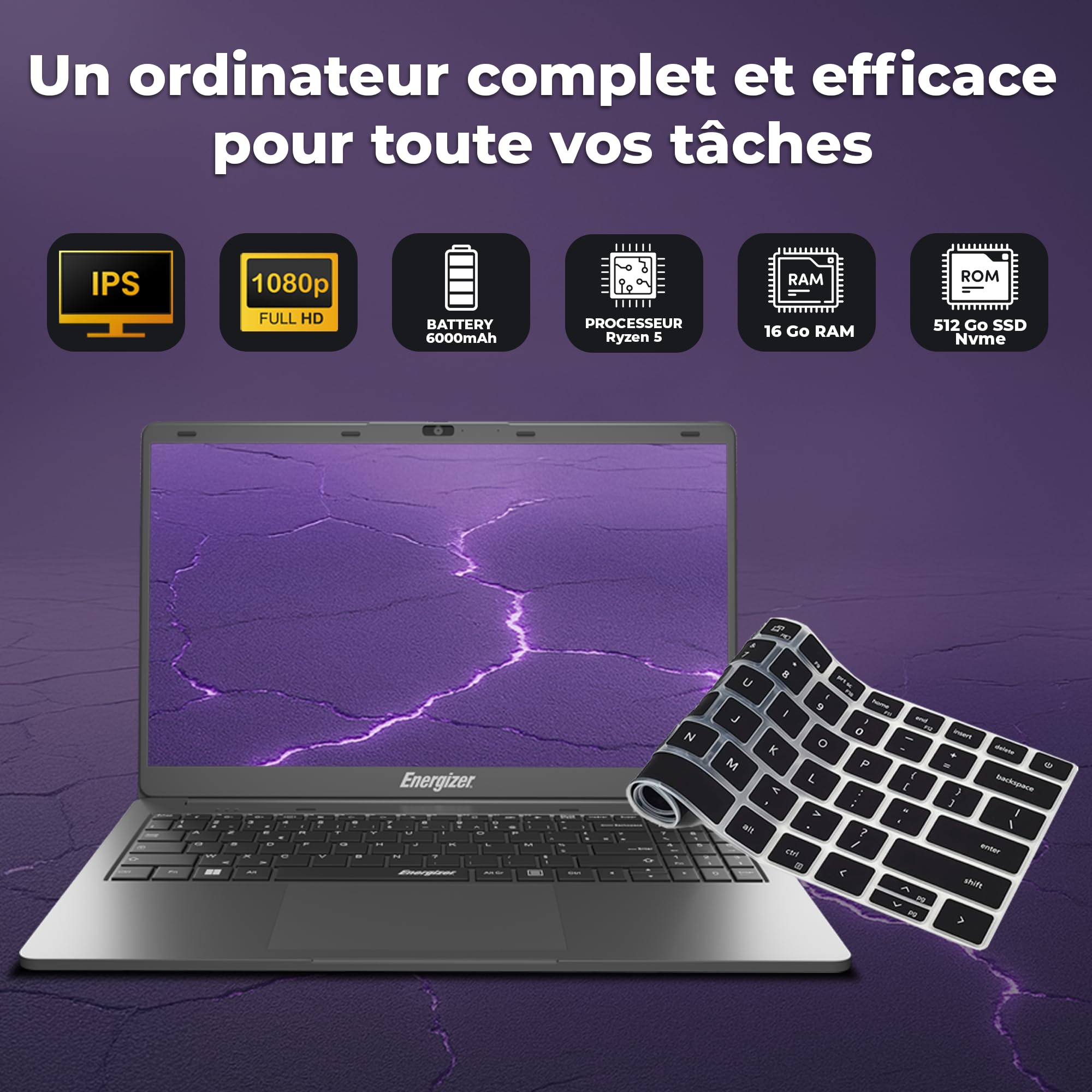 Energizer EnergyBook Pro 18.5 Pouces FHD PC Portable (AMD Ryzen 5 3500U 3,7 GHz, RAM 16Go DDR4, SSD 512Go, AMD Radeon Vega 8, Windows 11) - Clavier AZERTY, Gris
