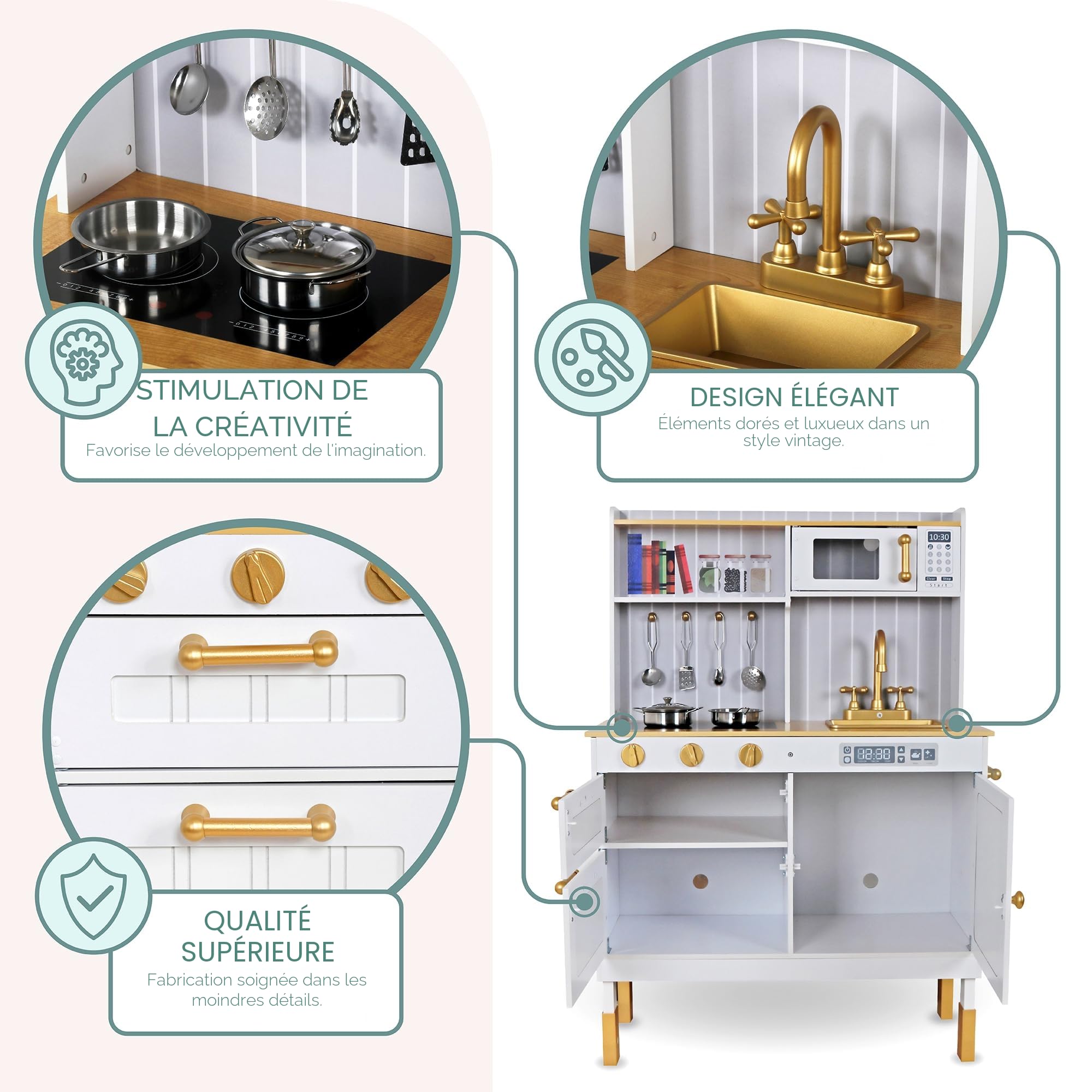 Mamabrum Cuisine en Bois Enfant Sonore - Set Cuisine Jouet avec Four, Micro-Ondes, ÉVier, Casseroles, Tablier - Jeu Imitation 70 x 30 x 99,5 cm pour Enfants 3 Ans (12 Items)