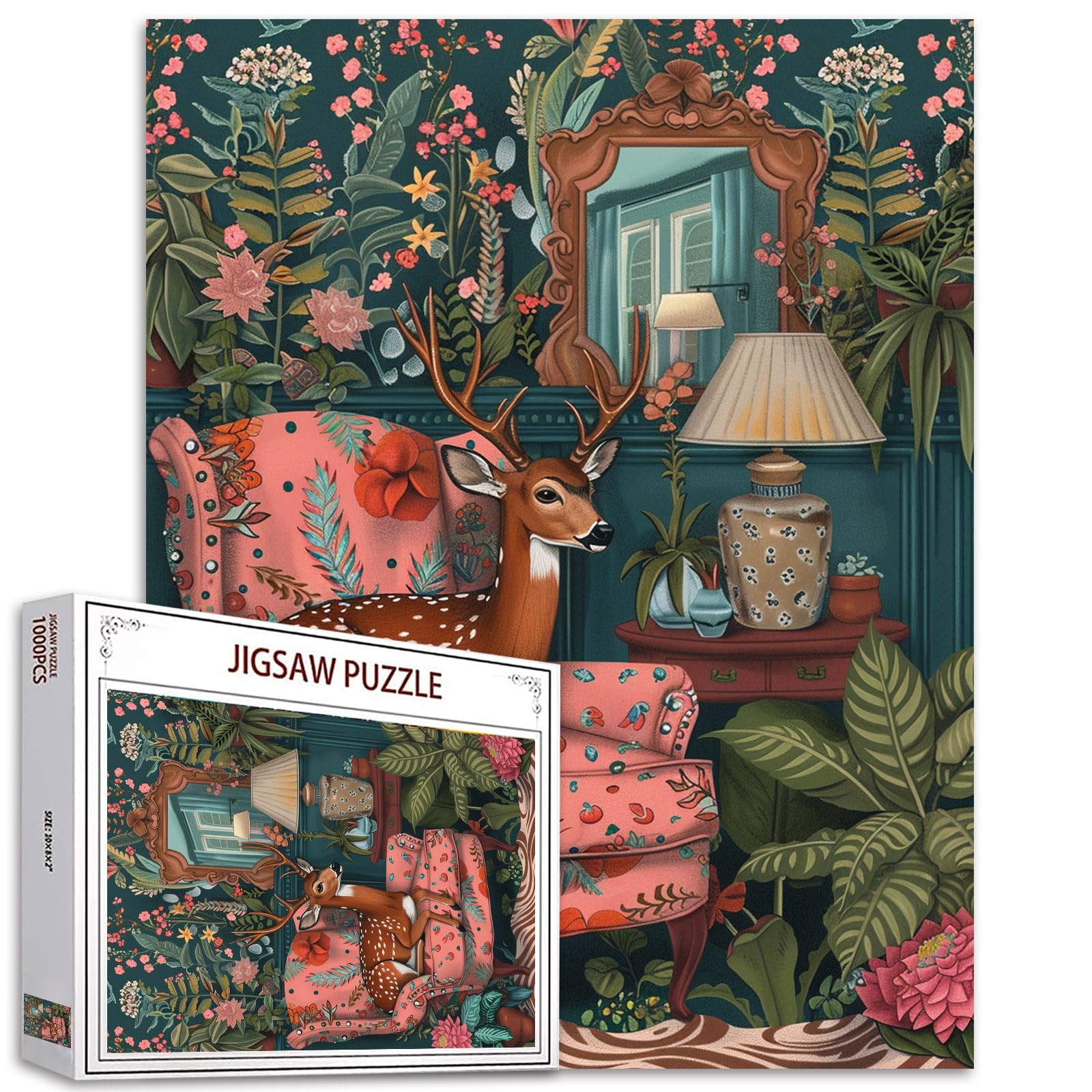 Jungle Wild Animal 1000 Pieces Adult Jigsaw Puzzle,Sika Deer on Vintage Sofa Perfect for Fun Brain Puzzle Lovers Vibrant Illustrations and Quality Pieces Challenging and Relaxing Great Gift Idea