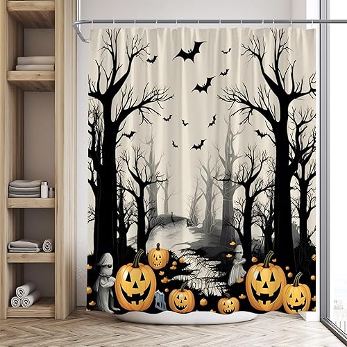 Miniatura 3 de Cortina de ducha de bosque brumoso de terror de Halloween, otoño, calabaza, murciélago, feliz día festivo, decoración del día de todos los santos,