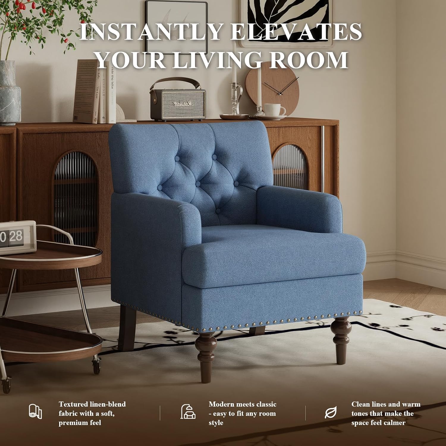 MALOL Upholstered Accent Chair with Thick Cushion, High Back Reading Chair, Linen Blend Armchair with Solid Rubberwood Legs for Living Room, Bedroom, Reading Nook, Apartment & Small Spaces,Blue