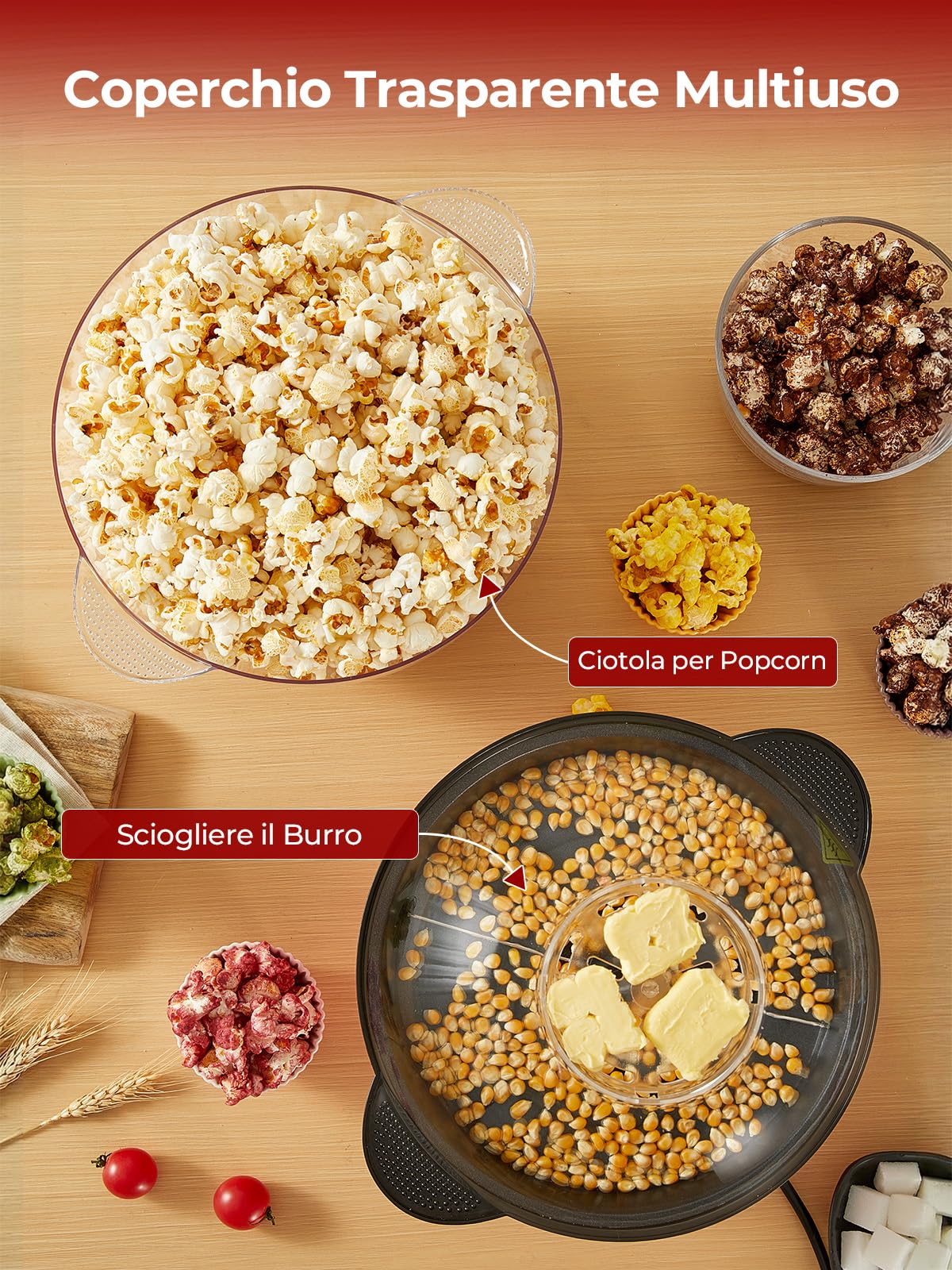 FOHERE 4,5L Macchina Popcorn, 700W Macchina per Pop Corn Include 2 Misurini per Chicchi di Mais, Zucchero e Olio, Agitazione Automatica Pop Corn Macchina per le Vacanze e le Serate al Cinema