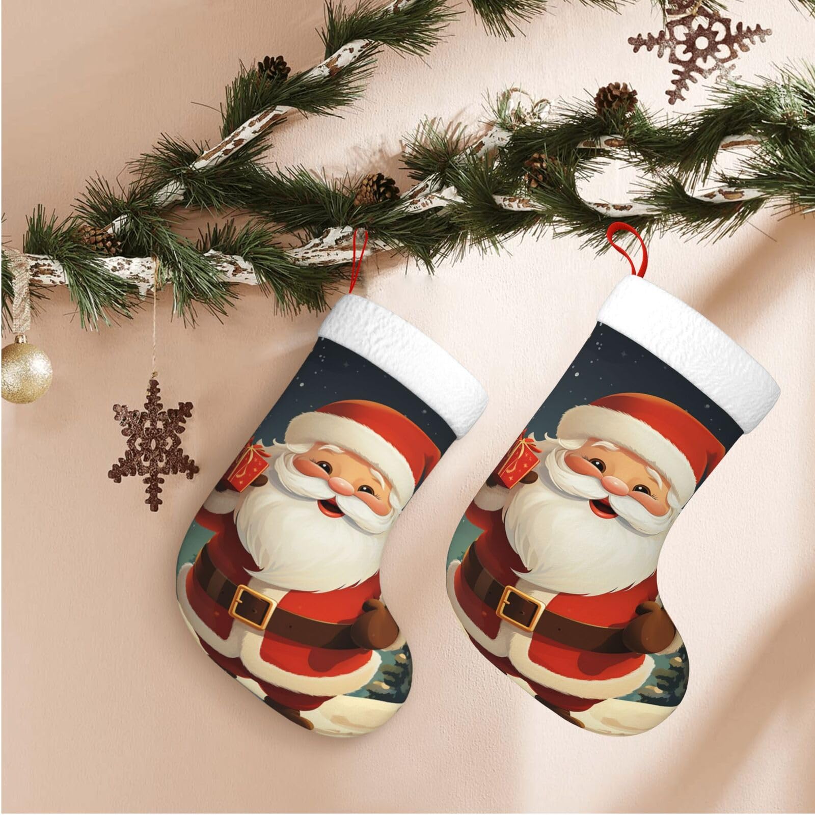 17.7" Christmas Stocking 1 Piece, Christmas Santa Claus Xmas Stockings with White Plush Cuff Fireplace Hanging Stocking for Christmas Holiday Party Decoration