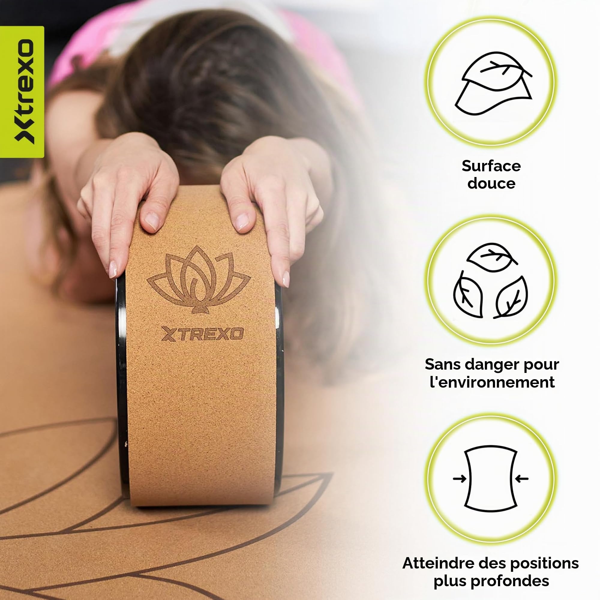 TREXO Roue de yoga en liège naturel avec un diamètre de 26 cm et une largeur de 13 cm, marron, en liège 100% écologique, parfait pour s'étirer, confortable grâce au rembourrage en mousse, roue de