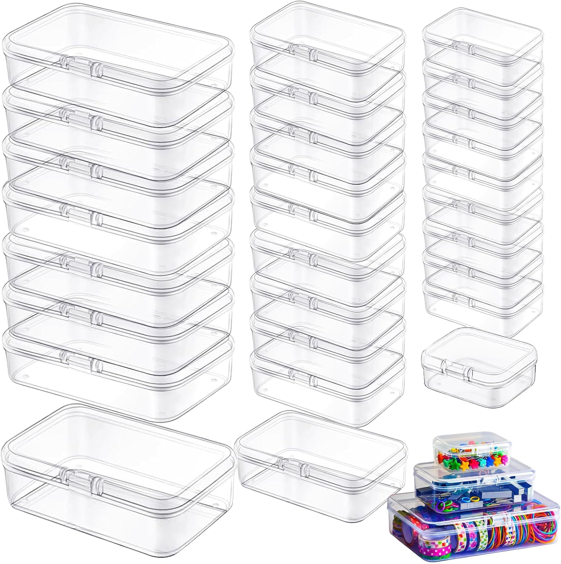 LJY 28 Pack Small Plastic Containers with Lids, 3 Mixed Sizes Rectangular Clear Storage Boxes for Diamond Art Accessories, Beads and Hardware, Stackable Craft Organizer Set