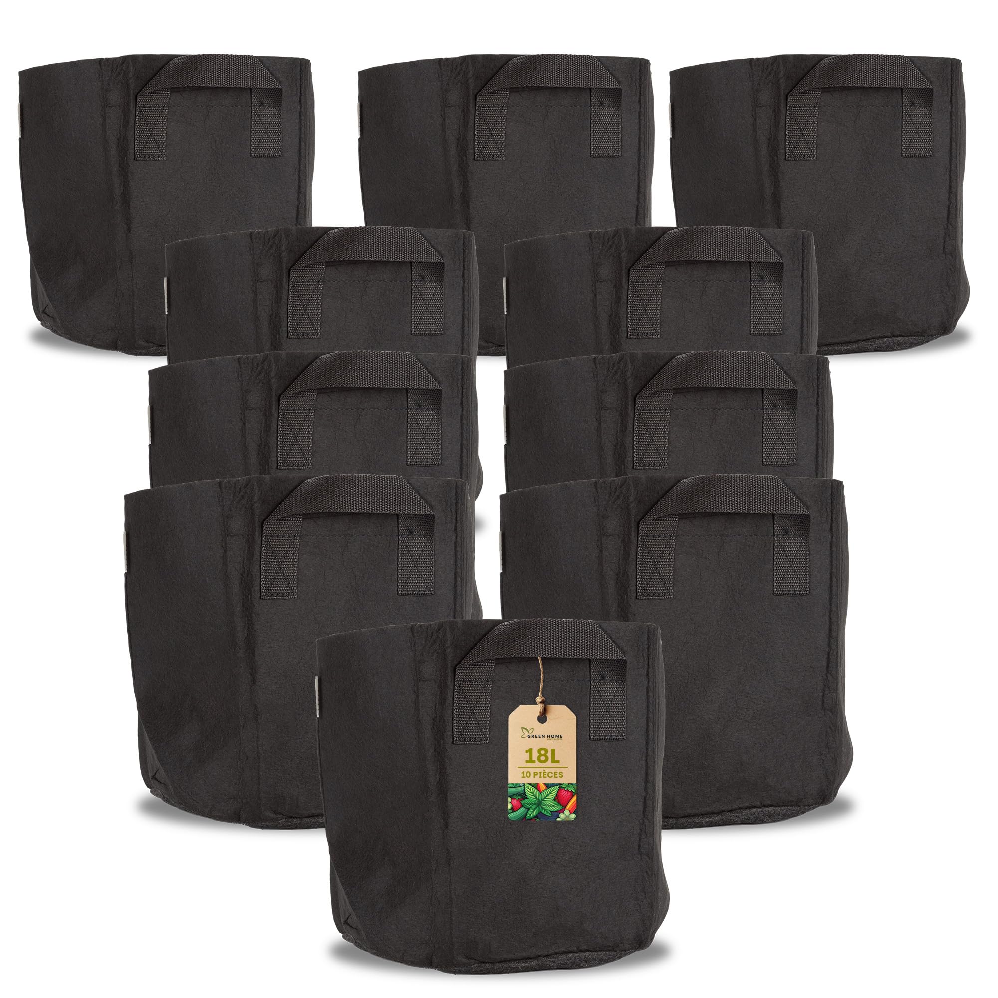 Sac de Plantation 18L – Lot de 10 Sacs de Culture en Tissu Respirant avec Poignées – Pots de Jardinage Réutilisables pour Légumes, Herbes et Fleurs – Idéal pour Balcon, Terrasse et Jardin