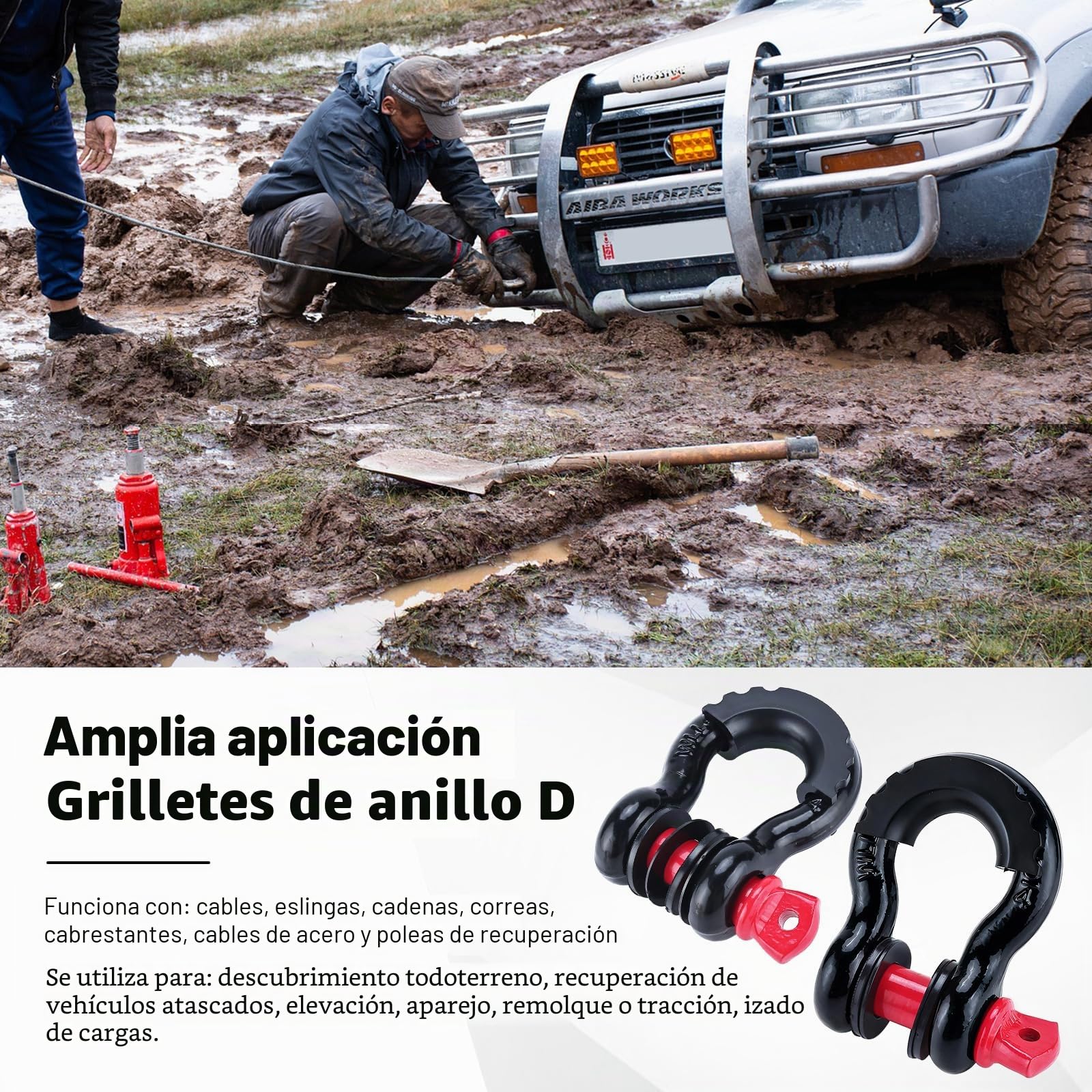 FreeTec 4 pzas Grilletes 4x4, 4,75T 3/4" Grillete de Acero Galvanizados con Pasador, Grilletes Remolque Eslingas Grillete Rescate 4x4 para Jeep Automóvil Camión (Negro y Rojo)