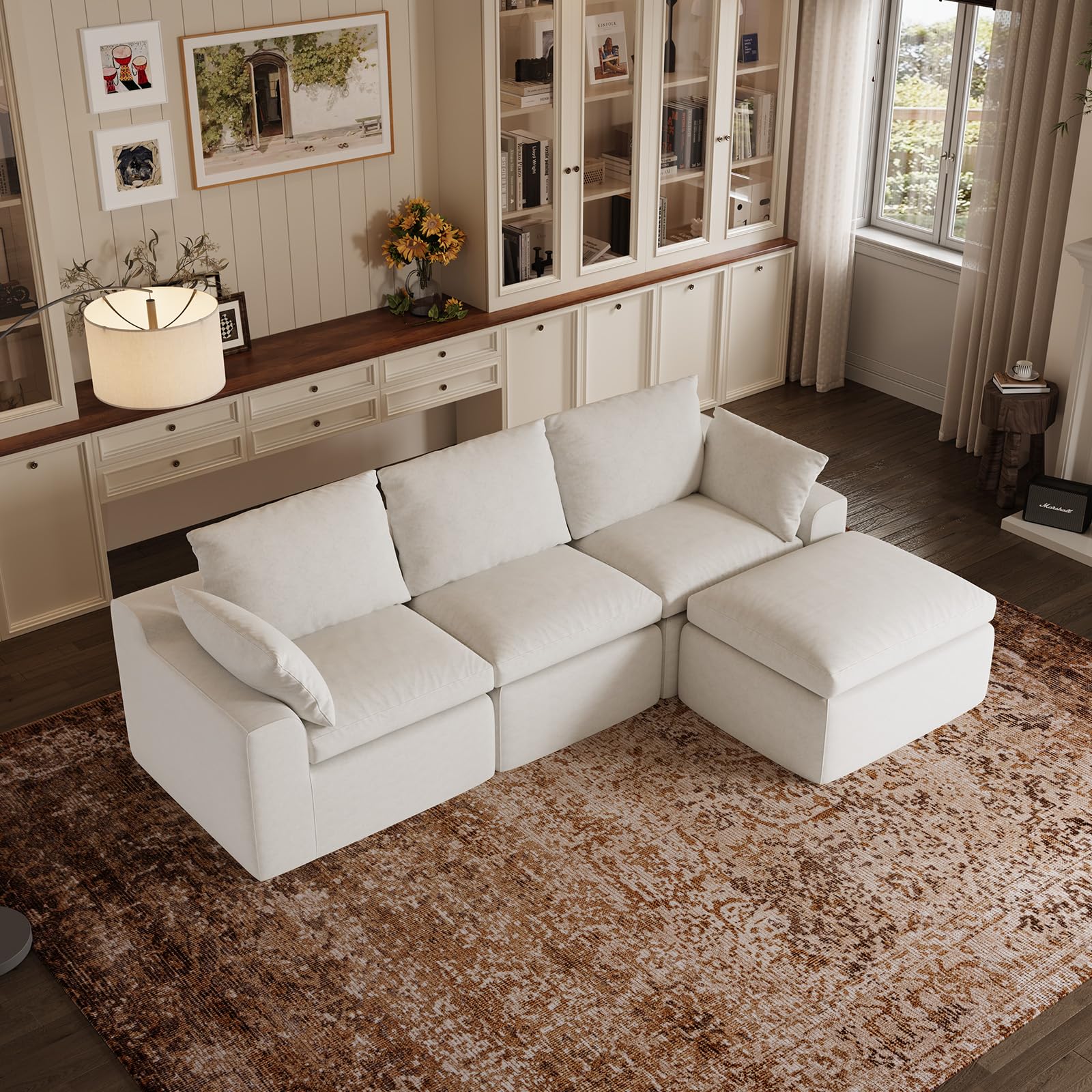 Photo 1 of ***MISSING PIECES -SELLING AS IS *** Novilla 104.3" Modular Cloud Couch, Modern Sectional Sofa with Smarts Coil® Support, Chenille Fabric, Upholstered Couch for Living Room Apartments Bedroom, No Assembly, 3 Seater + 1 Ottoman, White
