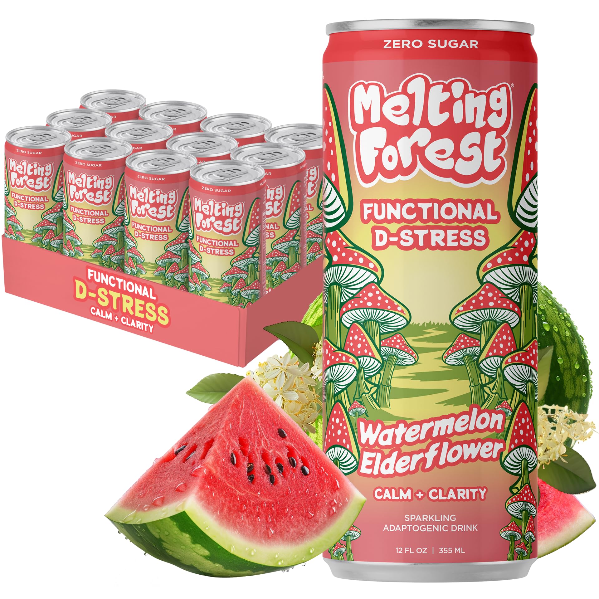 Melting Forest Mushroom D-Stress Drink - Reishi & Lion's Mane - Stress Relieving & Focus - Cognitive Function & Mental Clarity - 12 Pack - Watermelon Elderflower