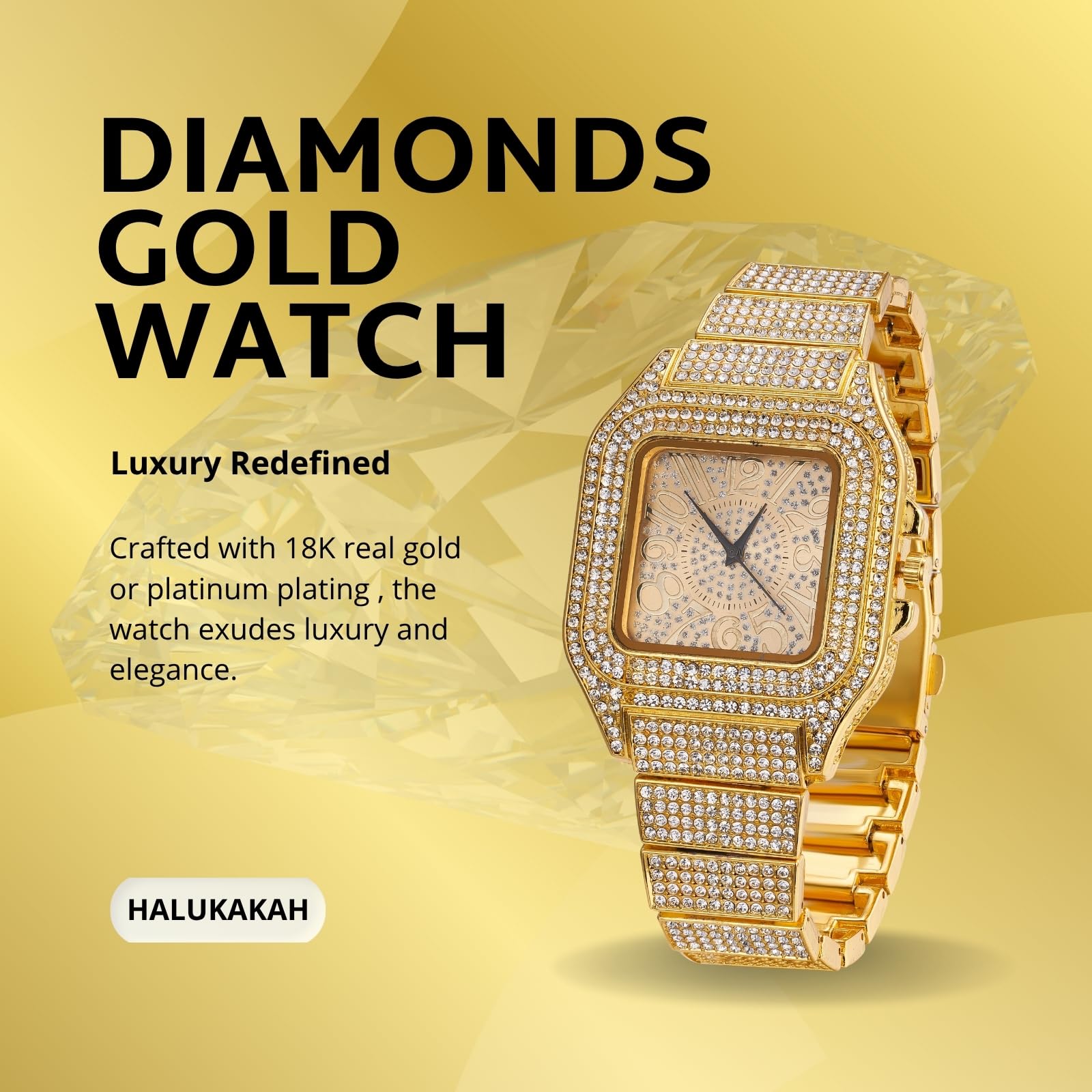 Halukakah Reloj de Oro con Diamantes para Niños,Adolescentes - Chapado en Oro 18K/Platino,Esfera Cuadrado con Números Árabes - Longitud 18.5cm -Opcional con Cadena Cubana,Herramienta de Ajuste Incluye