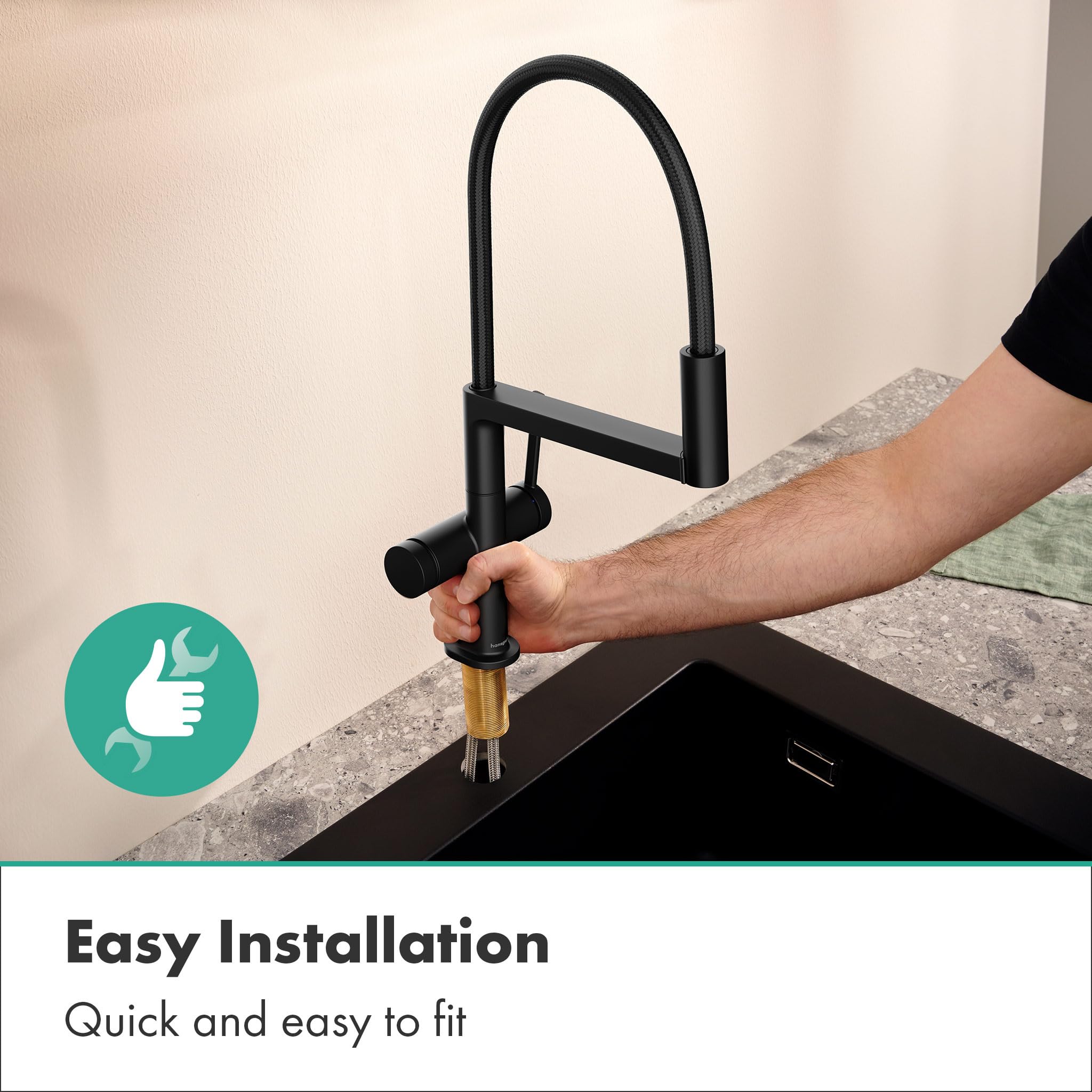 hansgrohe Talis Select M54 PowderSpray - grifo de cocina con ducha extraíble, SemiPro, 3 tipos de chorro, altura del caño 210 mm, grifo cocina fregadero con caño giratorio, negro mate, 72861670