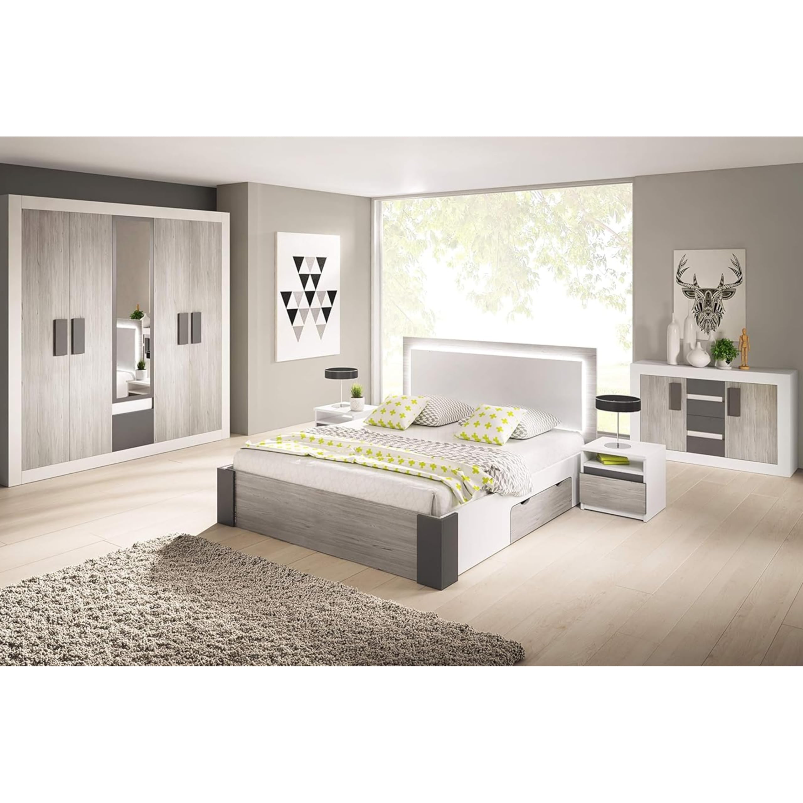 Hellios III - Chambre à Coucher Adulte Complète Avec lit 160x200 Avec Matelas, 2 Tables De Chevet, Commode, Armoire Avec Portes Coulissantes L:231 x H:210 x P:57 cm, Superb - Blanc/Kathult+Gris