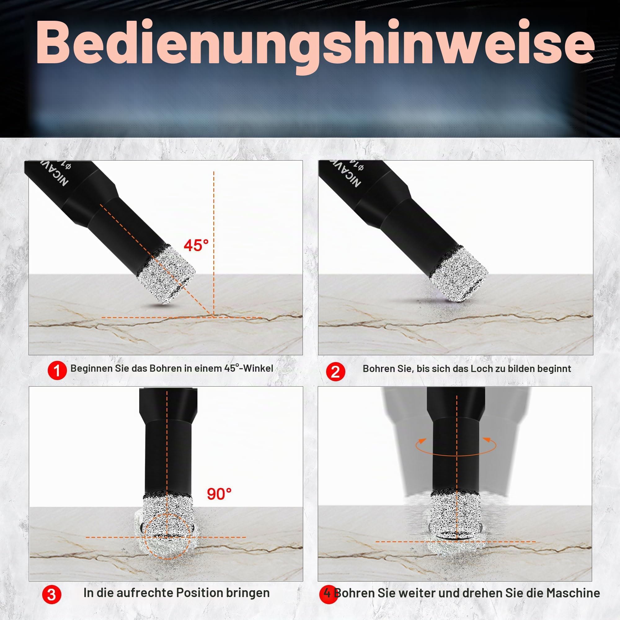8Pcs Diamant Fliesenbohrer Set mit Adapter, M14 Diamant Lochsäge Bohrkrone Kit 6/8/10/12/14/16/18mm Diamantbohrer Set für Porzellan Fliese Granit Marmor Fliesen Bohren