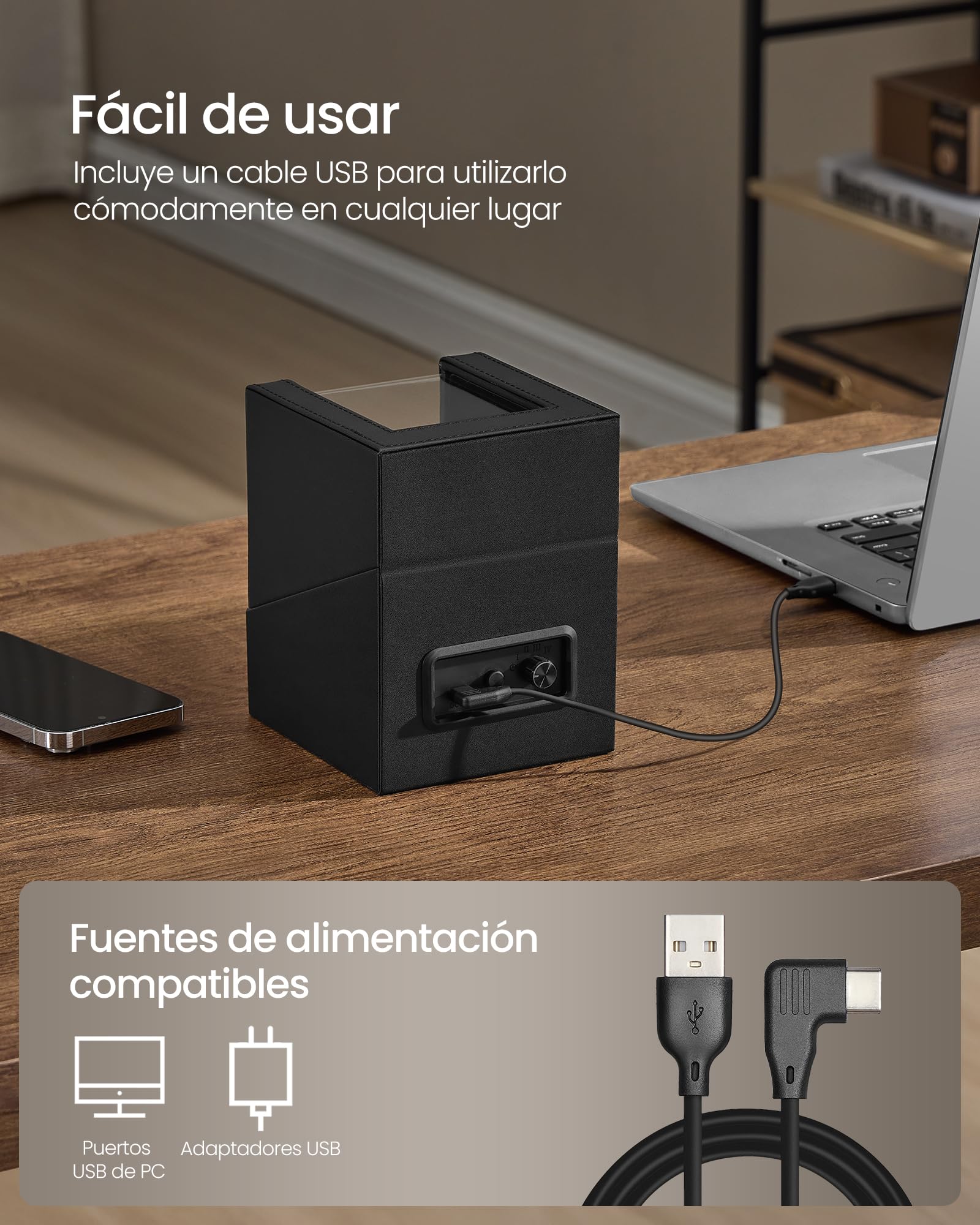 SONGMICS Caja Automática Enrollador de un Reloj con Motor Silencioso, para Relojes Automáticos, con Luz LED, Almohada Ajustable, Bloqueo, 4 Ajustes de Cuerda, Cable de Carga USB-C, Negro JWB030B01