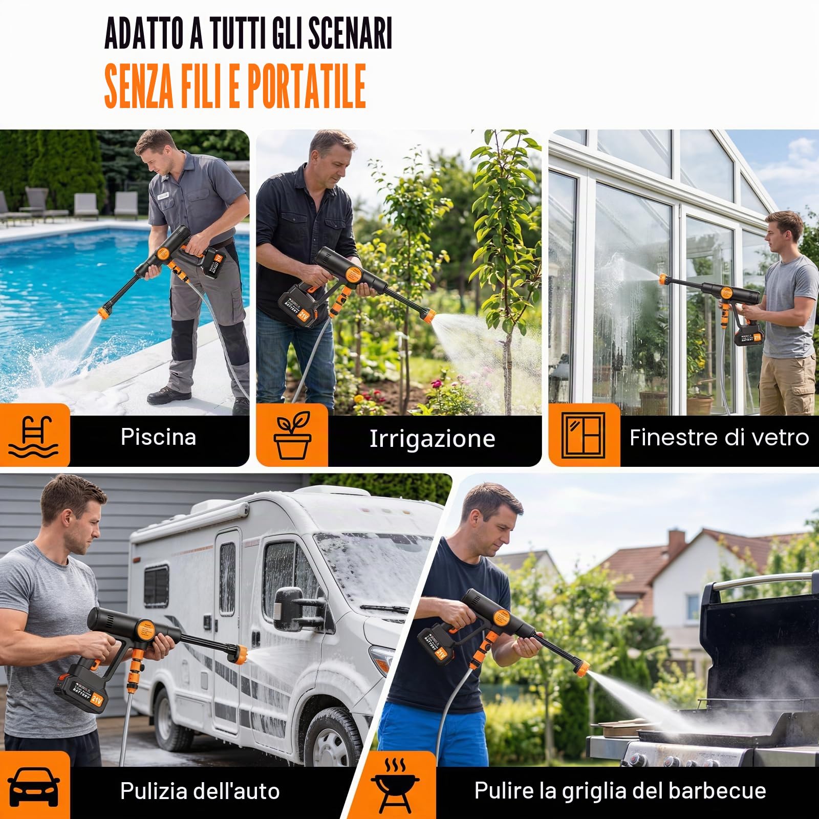 Idropulitrice a Batteria Senza Fili, Idropulitrice Portatile Potente con 2x3000 mAh Batterie, Motore Brushless, 100 Bar, Tubo da 5M, Ugello 6 in 1, Pistola Idropulitrice per Auto Giardino Irrigazione
