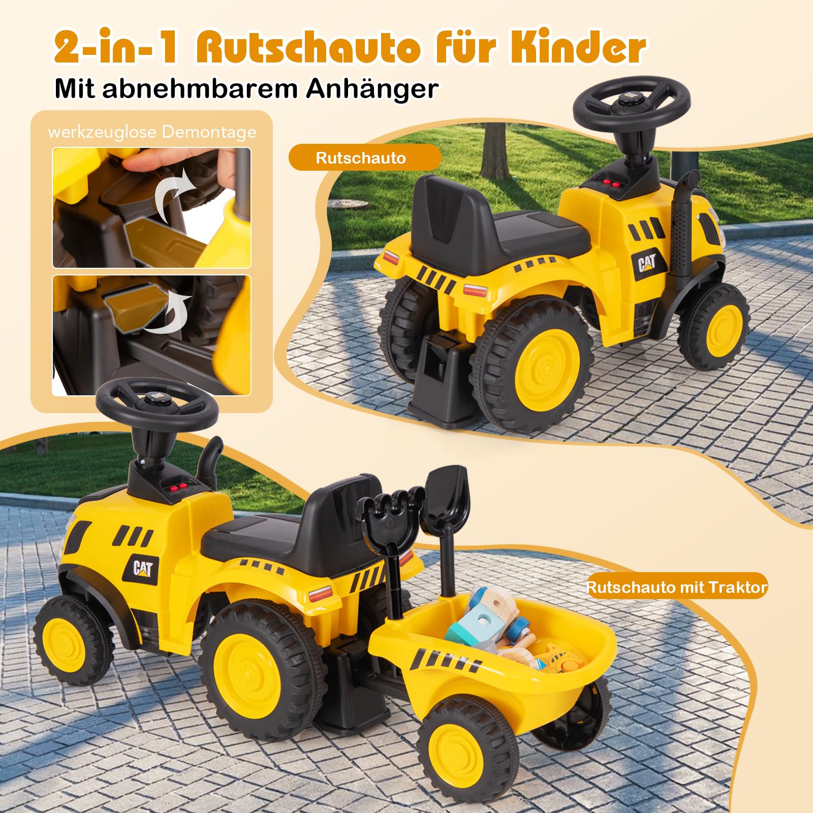 GOPLUS Kinder Rutschtraktor, Rutschauto mit abnehmbarem Anhänger, Hupe, Motorgeräuschen, LED-Leuchten, Rutscher Traktor ohne Antrieb mit Rechen & Schaufel für Kinder ab 1 Jahr
