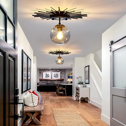 Miniatura 8 de UOFUS Lámpara de techo pequeña de montaje empotrado negra con globo de cristal Sputnik Starburst 1 luz cerca de techo para pasillo, comedor,