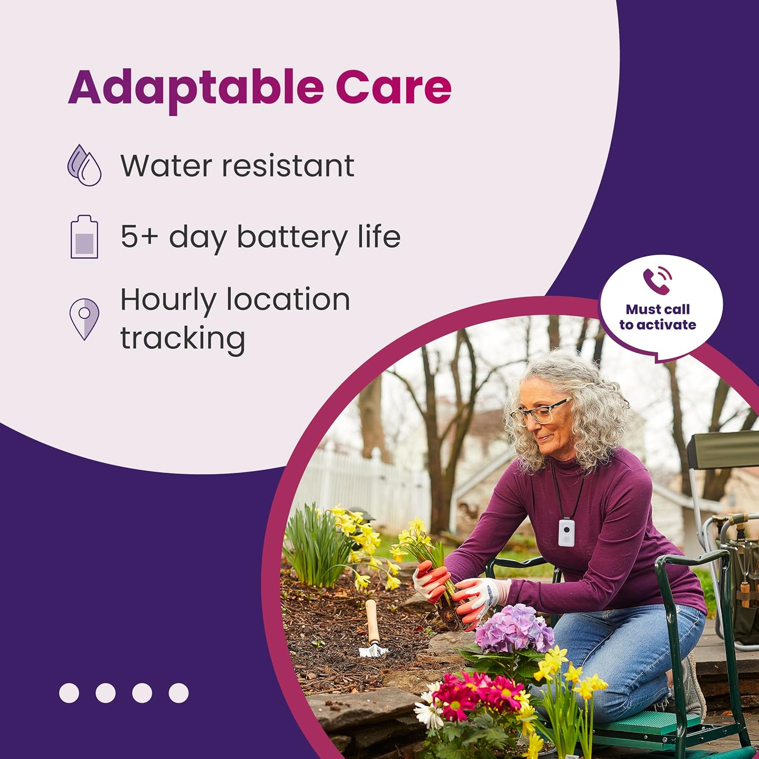 Diagram showing the dimensions of the MGMobile device (2.6 inches by 1.5 inches) and a person wearing it clipped to clothing.