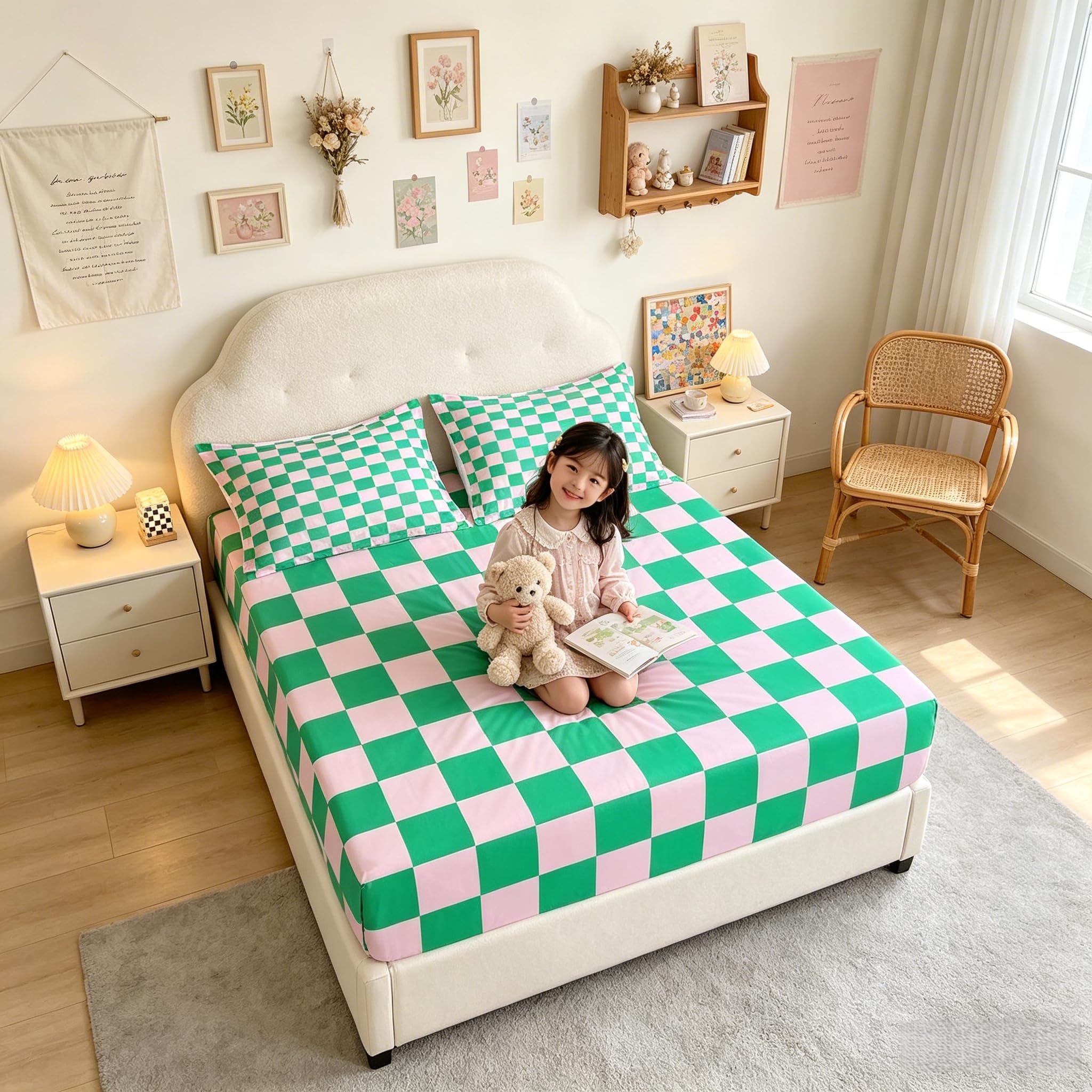 Parure de lit pour enfants lit simple avec drap-housse à carreaux géométriques rose et vert