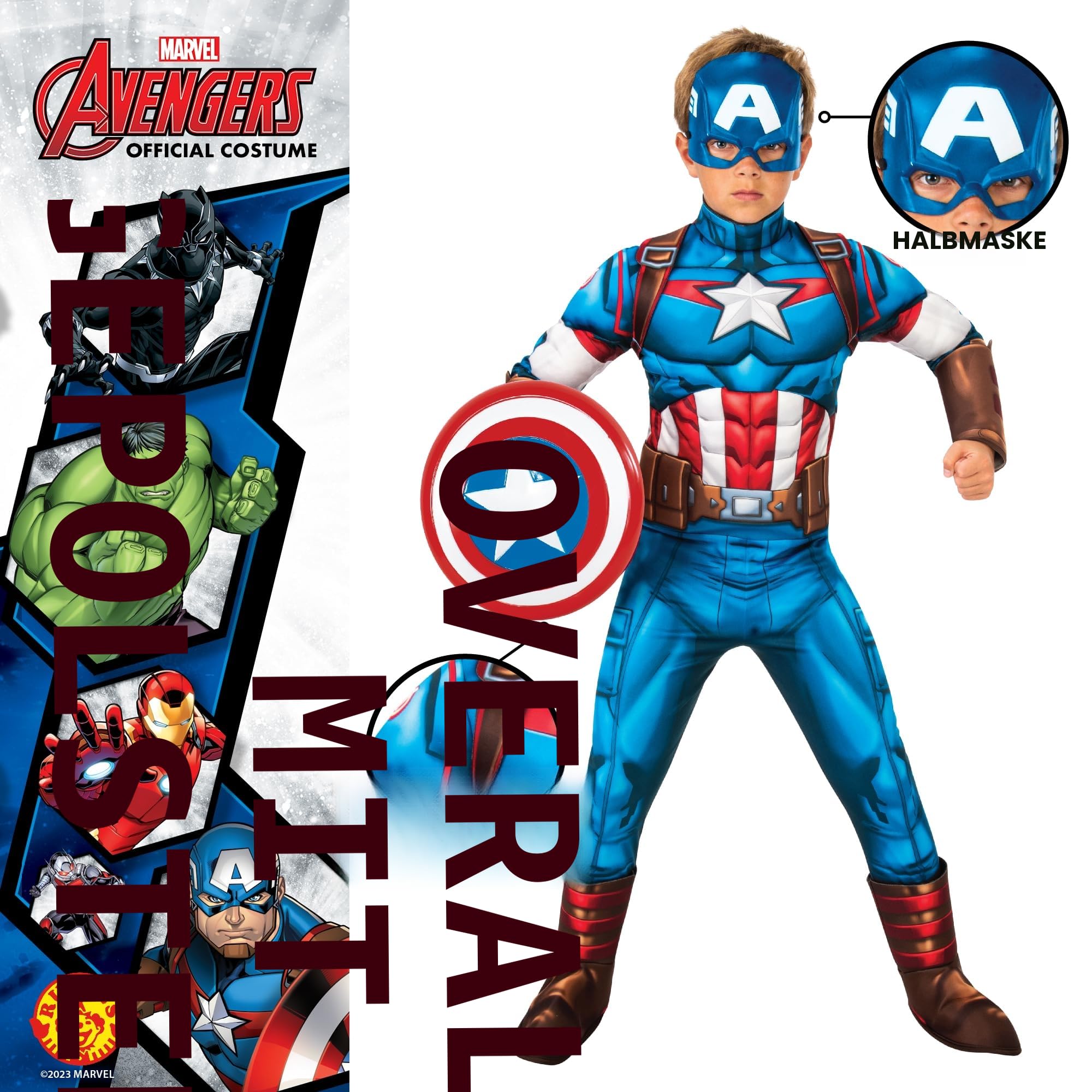 Rubies Captain America Deluxe Kostüm für Jungen und Mädchen, Jumpsuit mit gepolsterter Brust, Stiefelstulpen und Maske, offizielles Marvel-Kostüm für Karneval, Weihnachten, Geburtstag, Party und