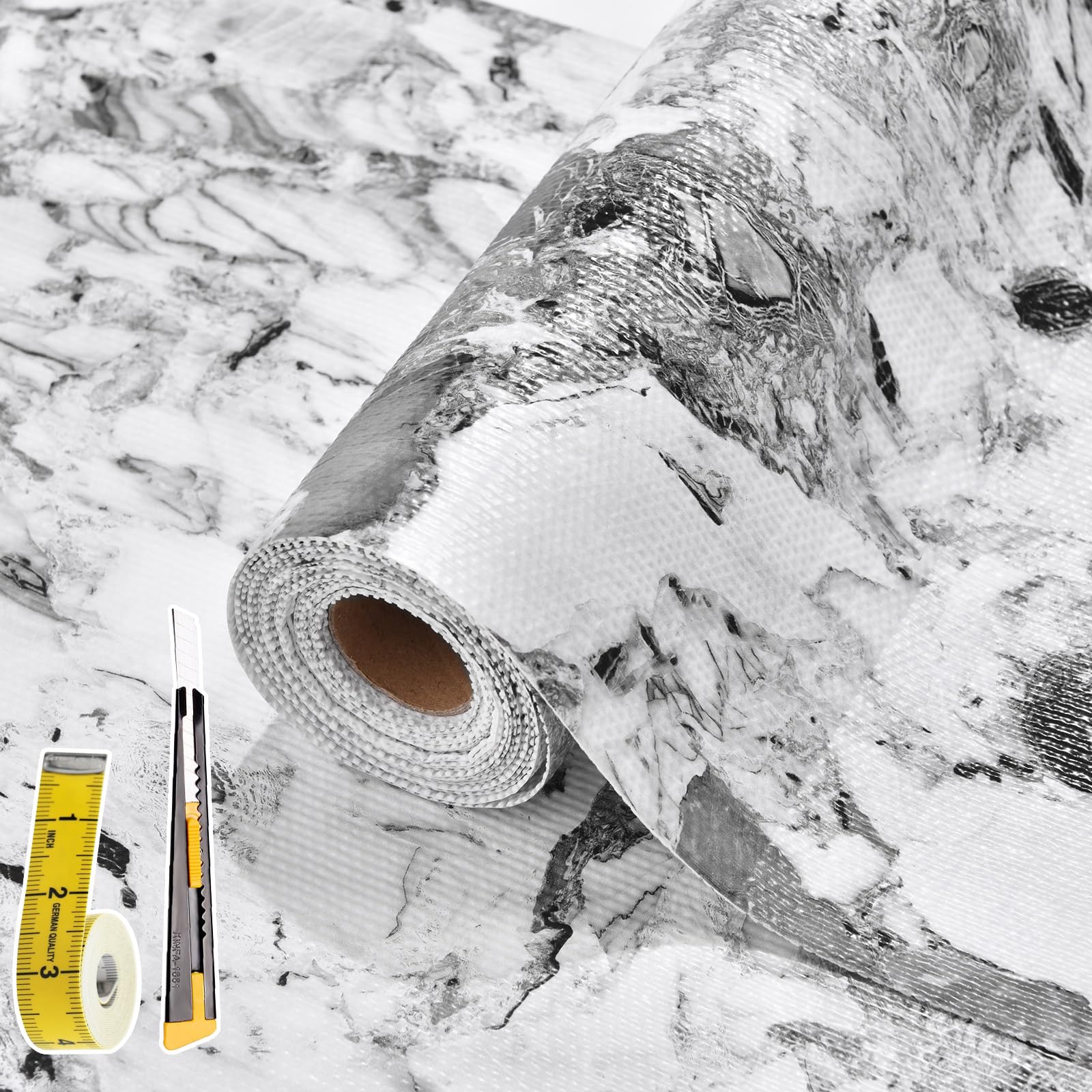 Drawer and Shelf Liner for Kitchen Cabinet: 17 in X 30 Ft Non Slip Waterproof Shelf Paper Non Adhesive Refrigerator Liners Grey and White Marble Easy Liners for Bathroom with Knife Tape Measure