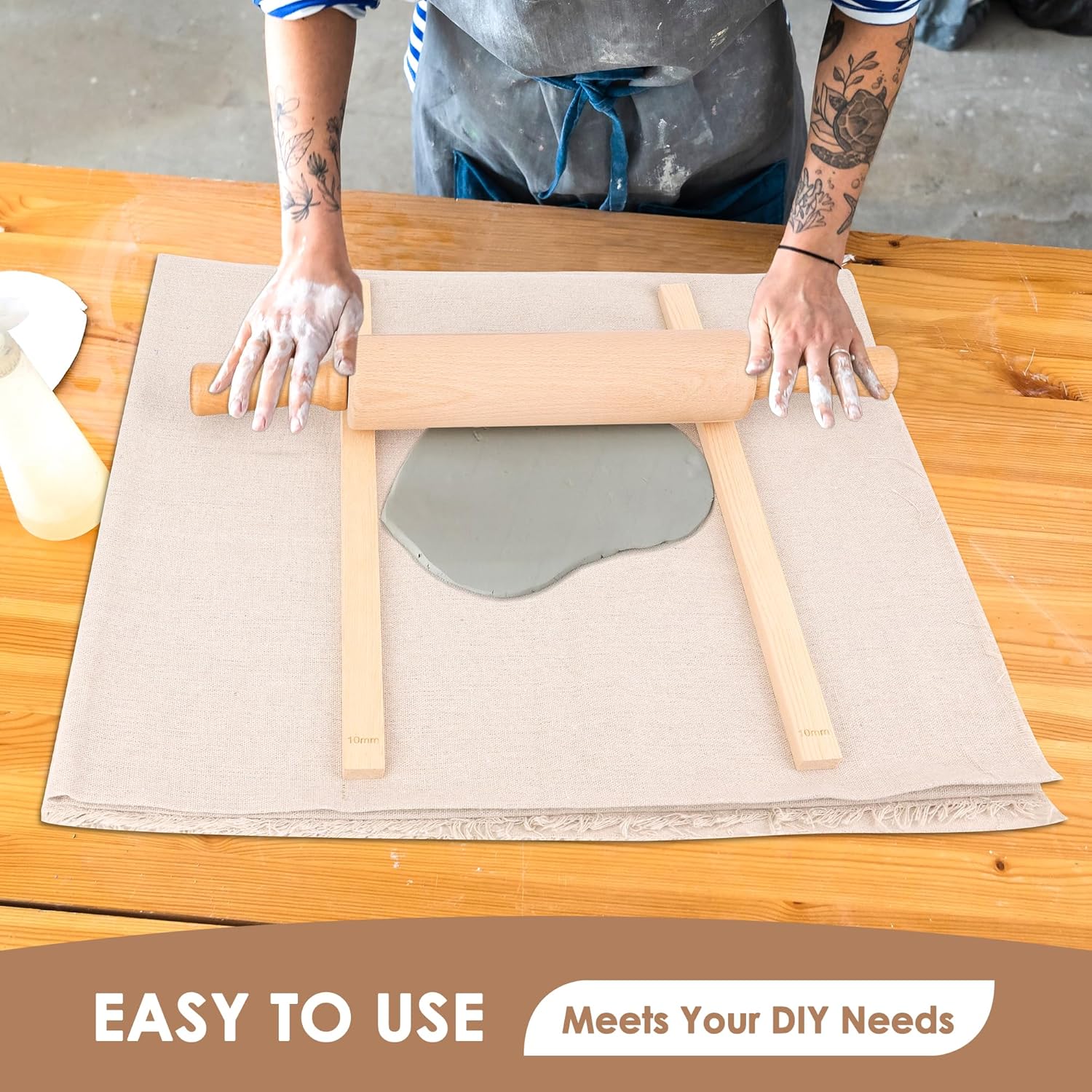 12 Pcs Pottery Tools Set, Include17in Slab Roller for Clay Pottery and 10 Pcs 5 Size Wooden Rolling Pin Guides, 1 Linen Tablecloth for Ceramic Clay Making