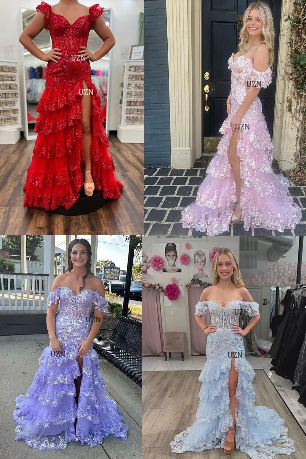 UZN Off Shoulder Tiered Tulle Prom Dresses Long Mermaid Lace with Slit Formal Evening Party Gowns - Image 4