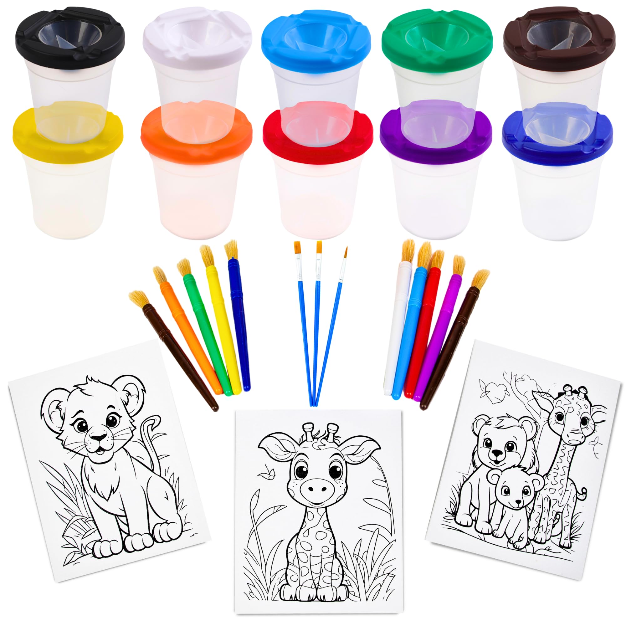 No Spill Paint Cups with Lids for Kids (Set of 10) - No Spill Paint Cups for Toddlers with 3 8x10in Animal Canvas Panels & 13 Paint Cup Paint Brushes for Toddlers - Spill Proof Paint Cups for Kids
