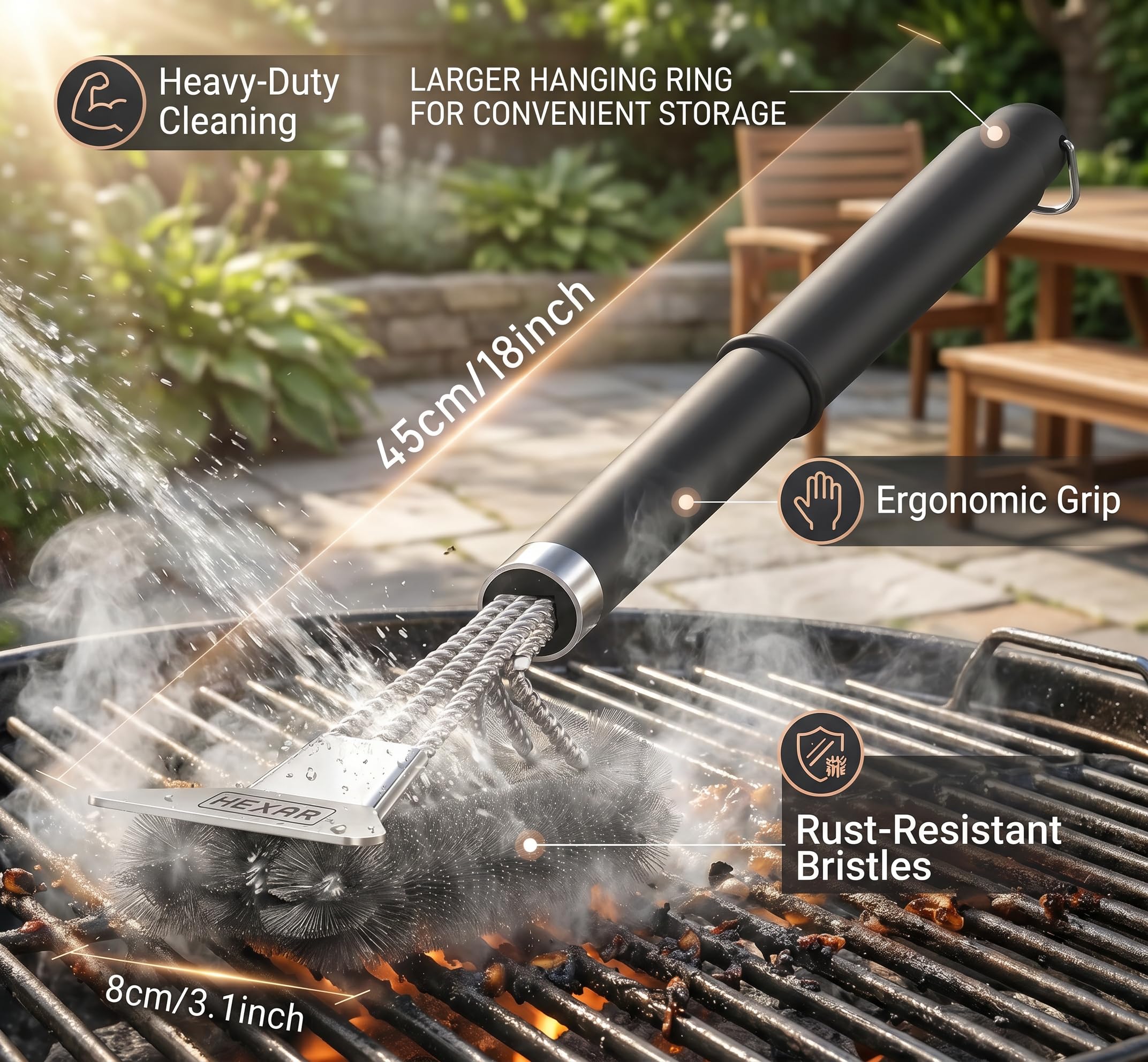 HEXAR Grillbürste, Barbecue Grill Reinigungsbürste Kombination aus Bürste mit Schaber, BBQ Reinigungsbürste mit Edelstahlborsten und extra langem PP-Griff